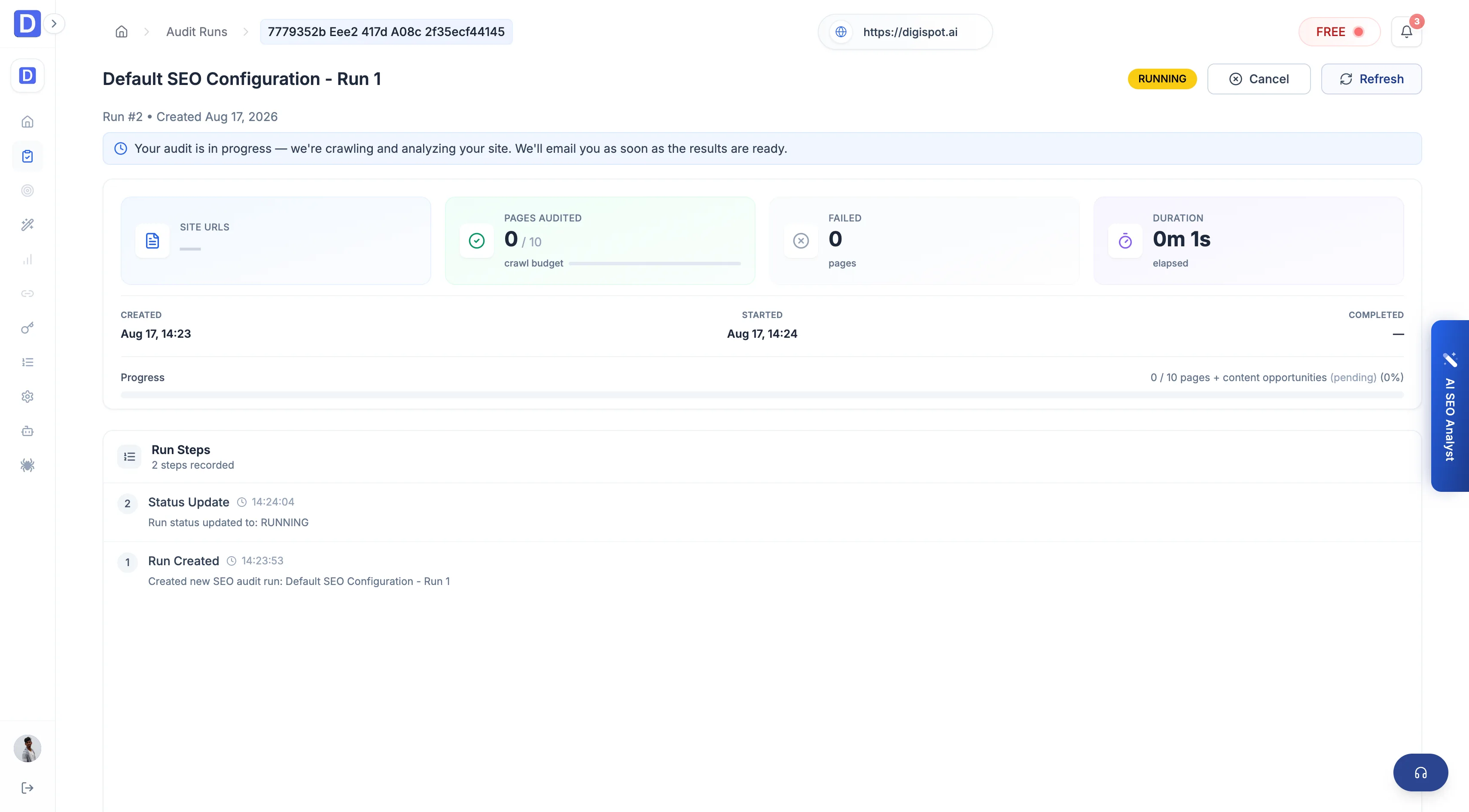 Audit run page showing a RUNNING status, pages-audited and duration counters, a progress bar, and a run-steps timeline