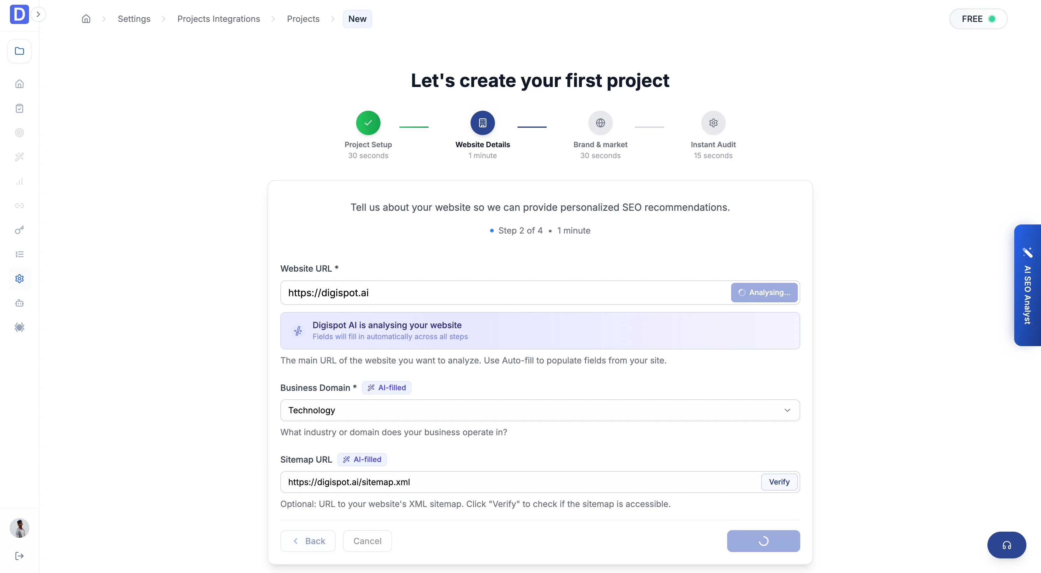 Website details screen during Auto-fill — a 'Digispot AI is analysing your website' banner with AI-filled badges appearing on the business domain and sitemap fields