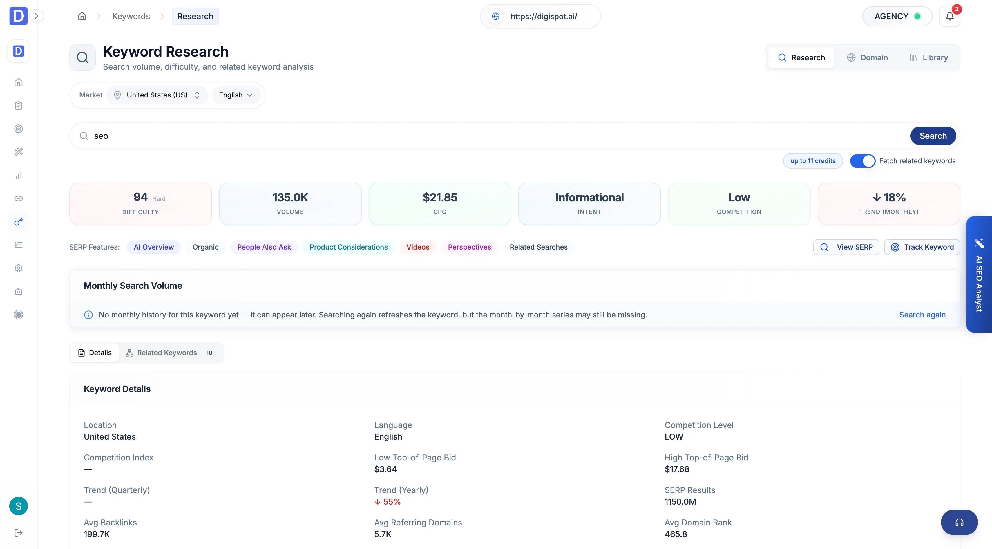 Cloud keyword research view with keywords, metrics, and expansion options
