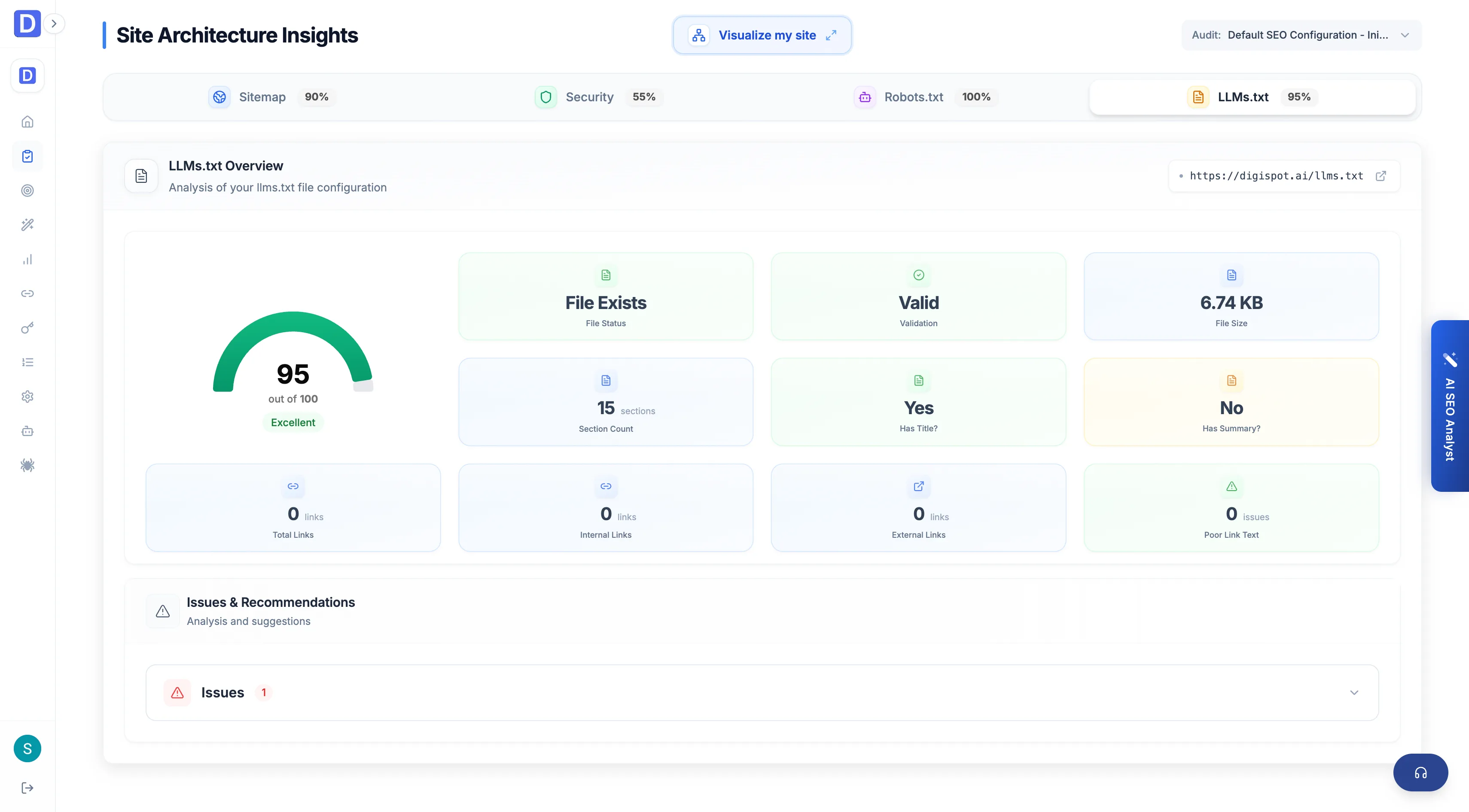 Cloud Site report llms.txt panel for guiding AI crawlers