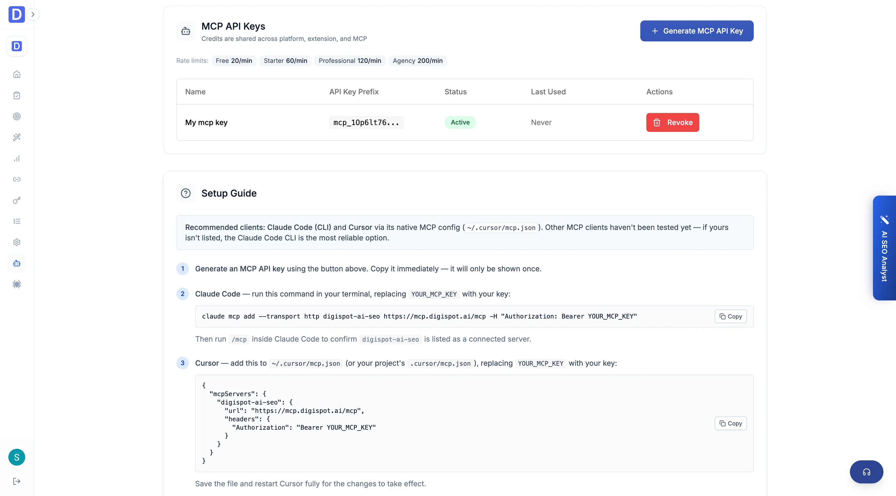 Cloud MCP server settings for creating and managing API keys