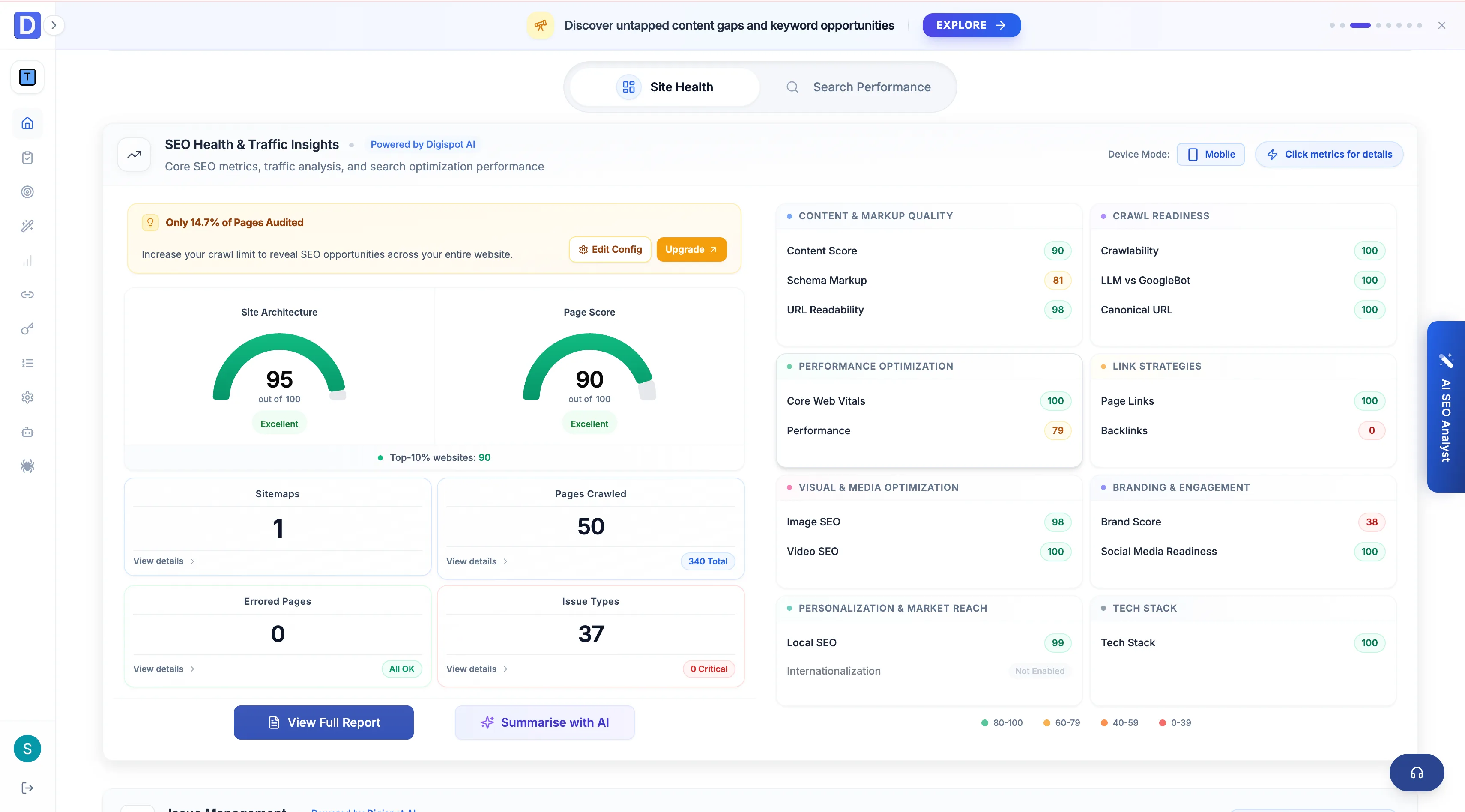 Cloud dashboard with site health, search performance, and traffic widgets