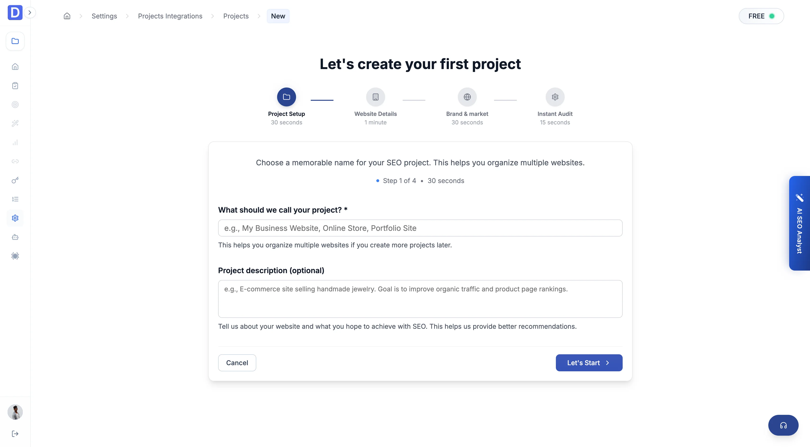 Project wizard screen 1 — a project name field and optional description, with the four-step progress bar above