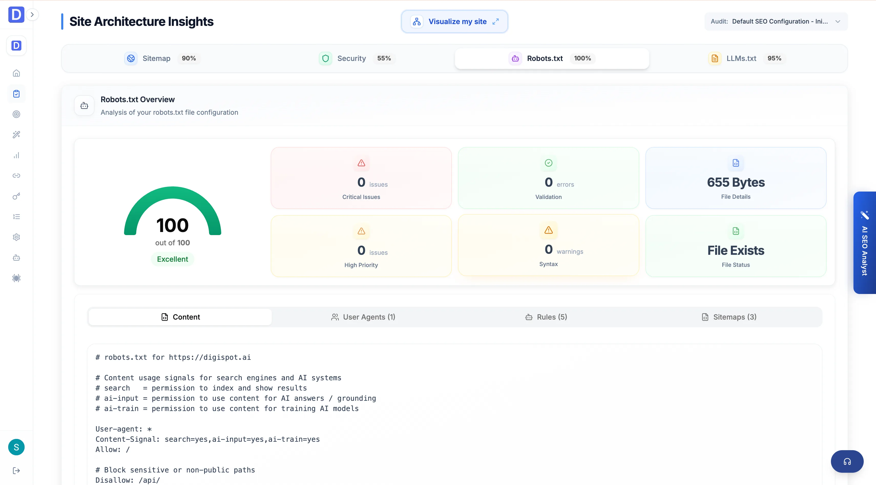 Cloud Site report robots.txt panel showing crawl rules and user-agent directives