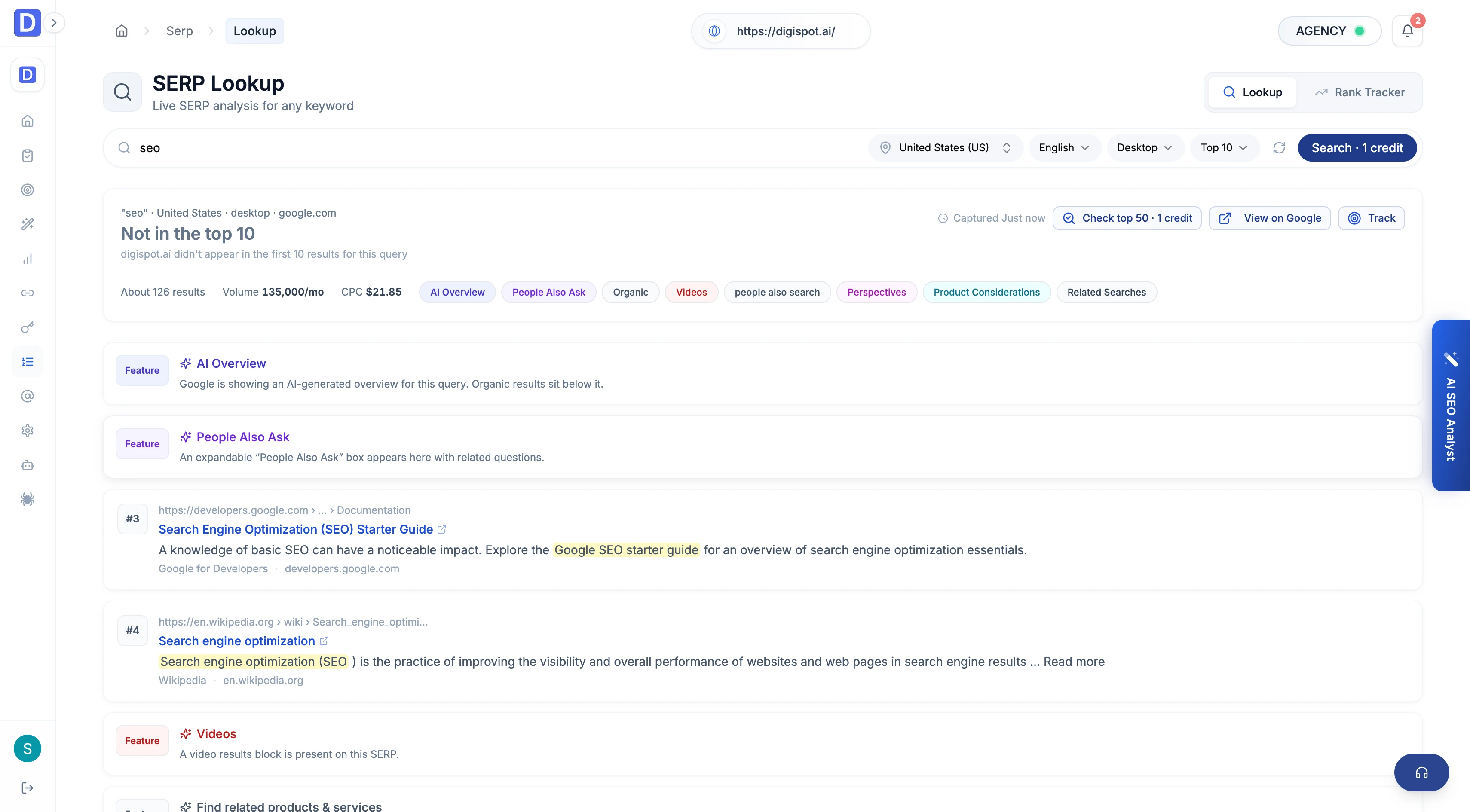 Cloud SERP lookup showing search context, feature badges, and result cards for a query