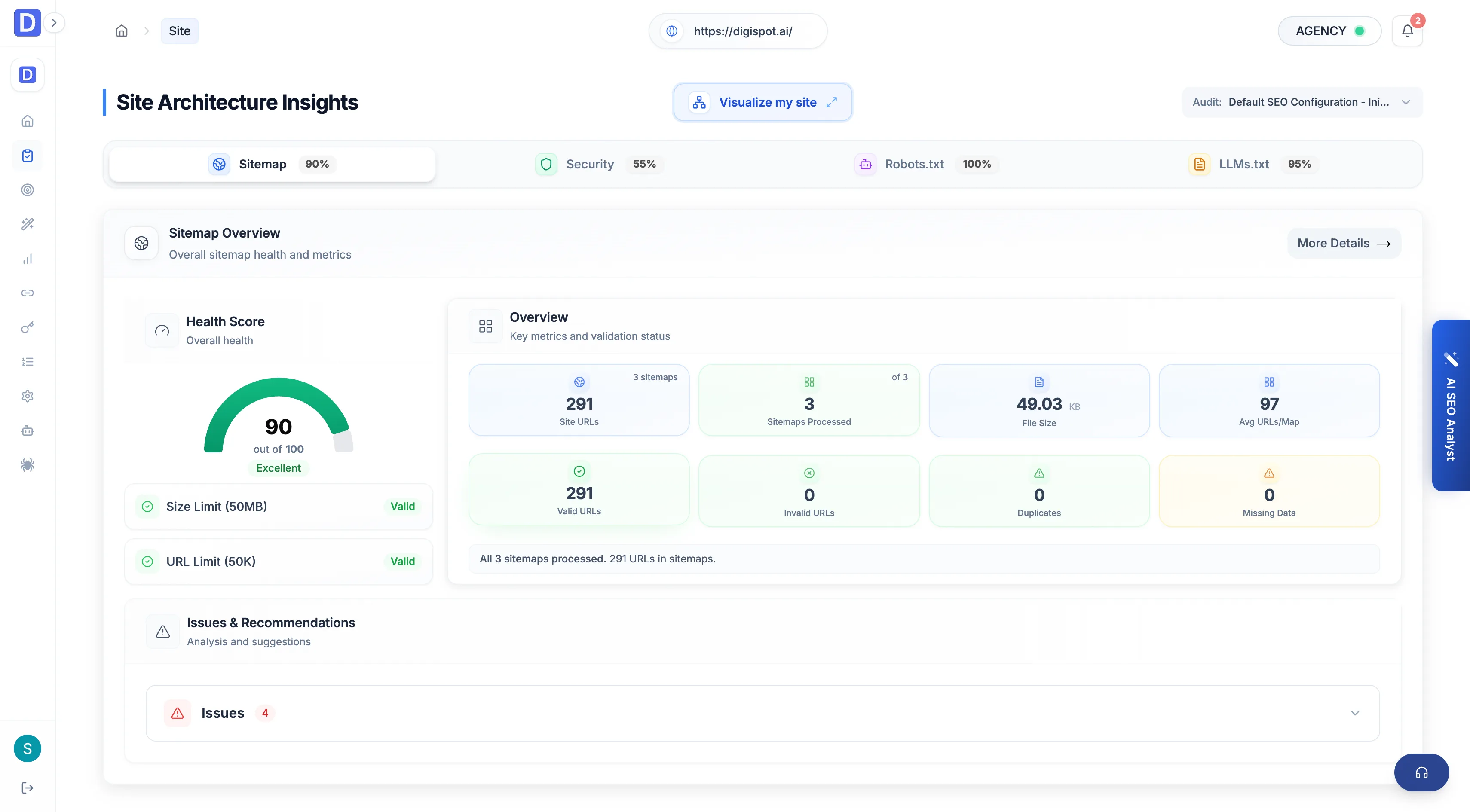 Cloud Site report sitemap panel with valid and invalid URL counts and link metrics