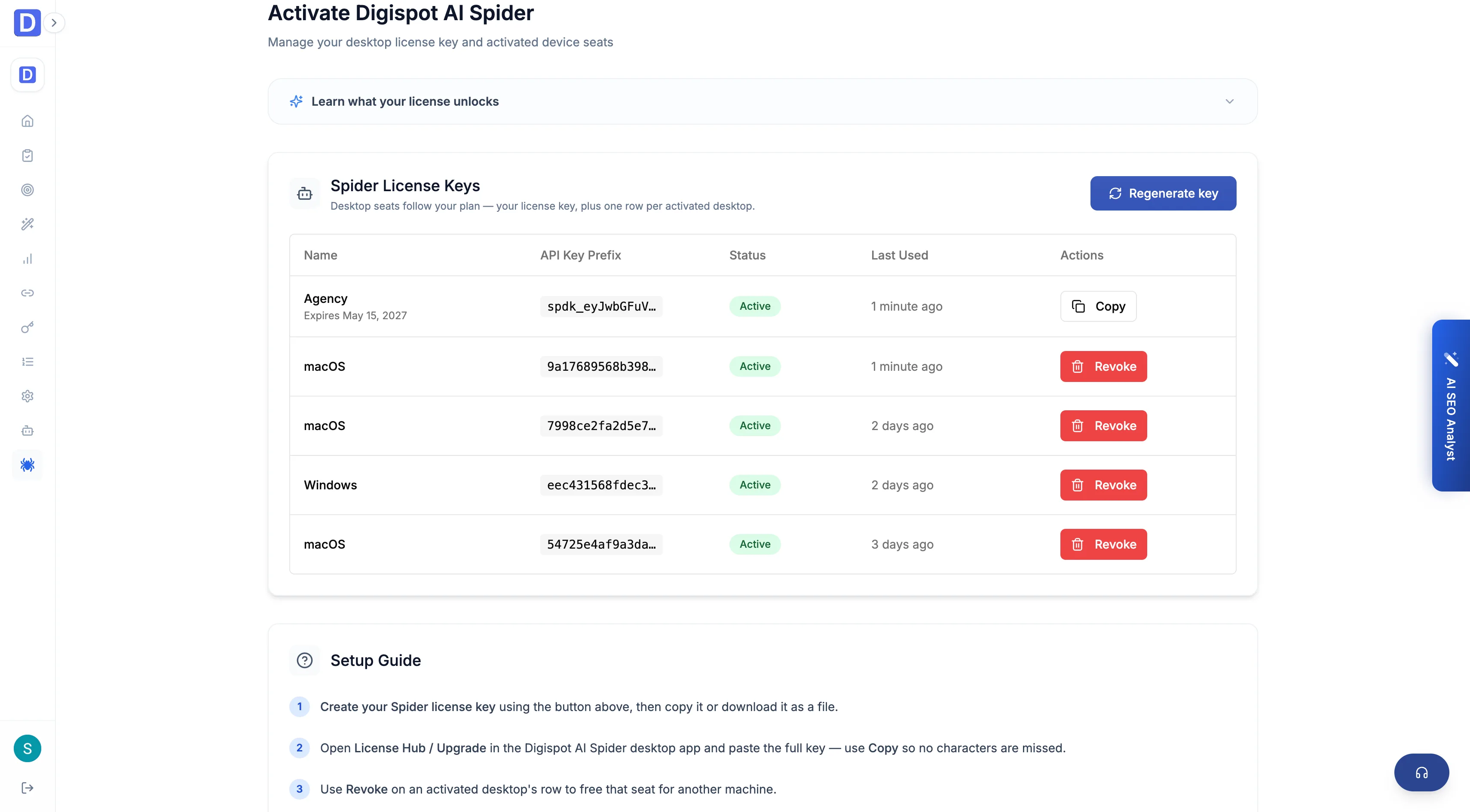Cloud Spider desktop license management with seats and activation keys