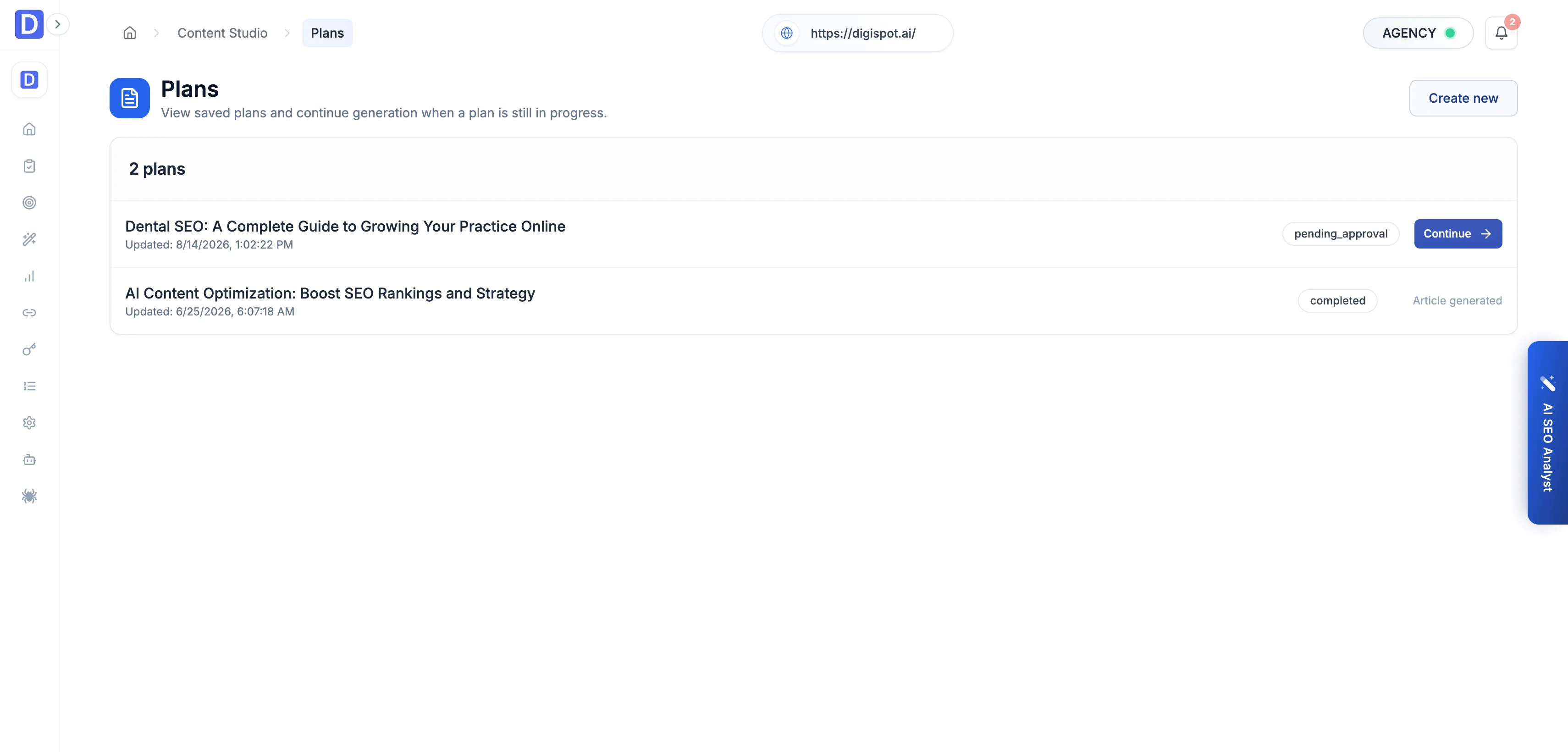 Cloud Content Studio Plans with plan statuses