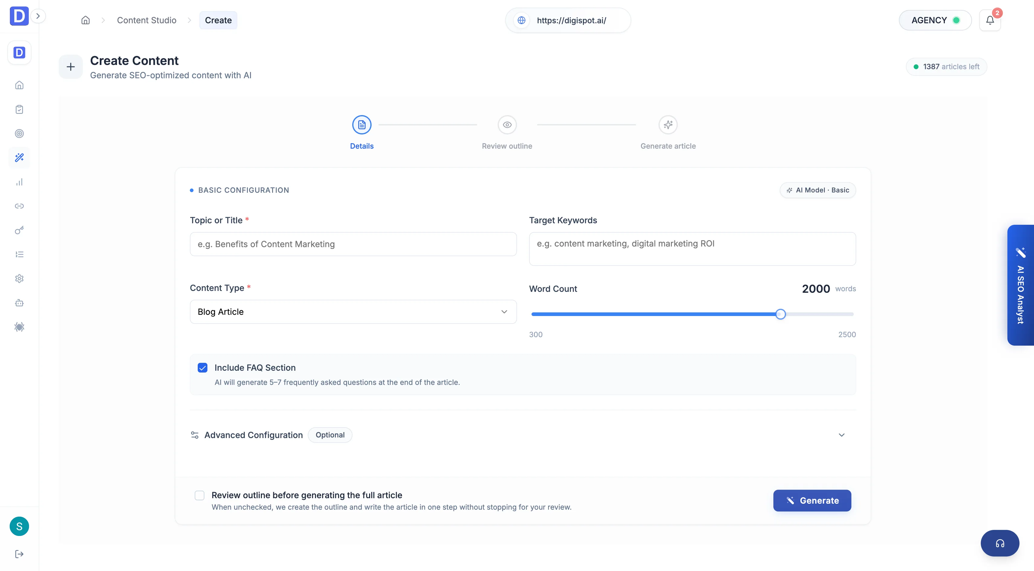 Cloud Content Studio for creating and editing AI-written articles