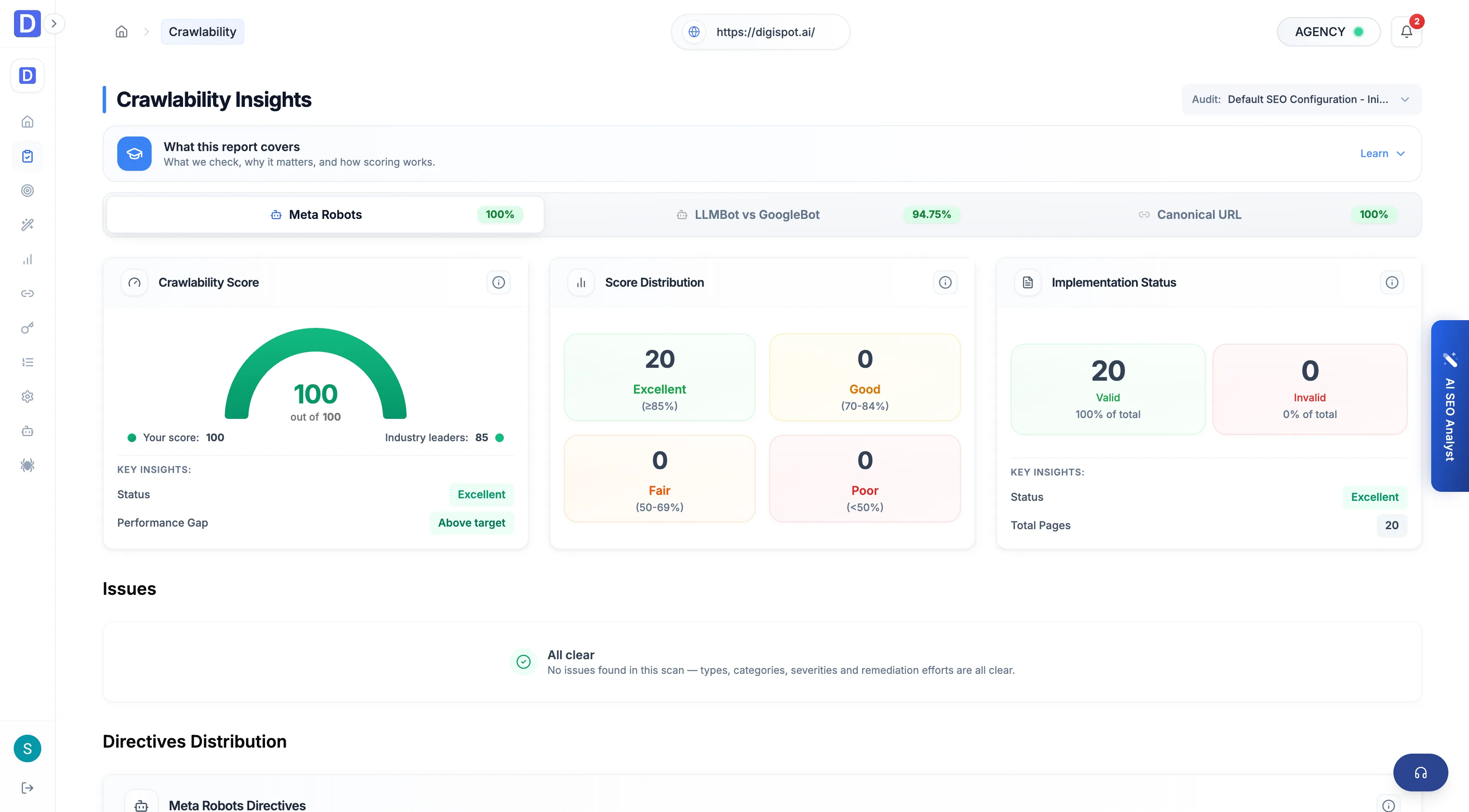 Cloud Crawlability report Meta robots tab with index and follow directives