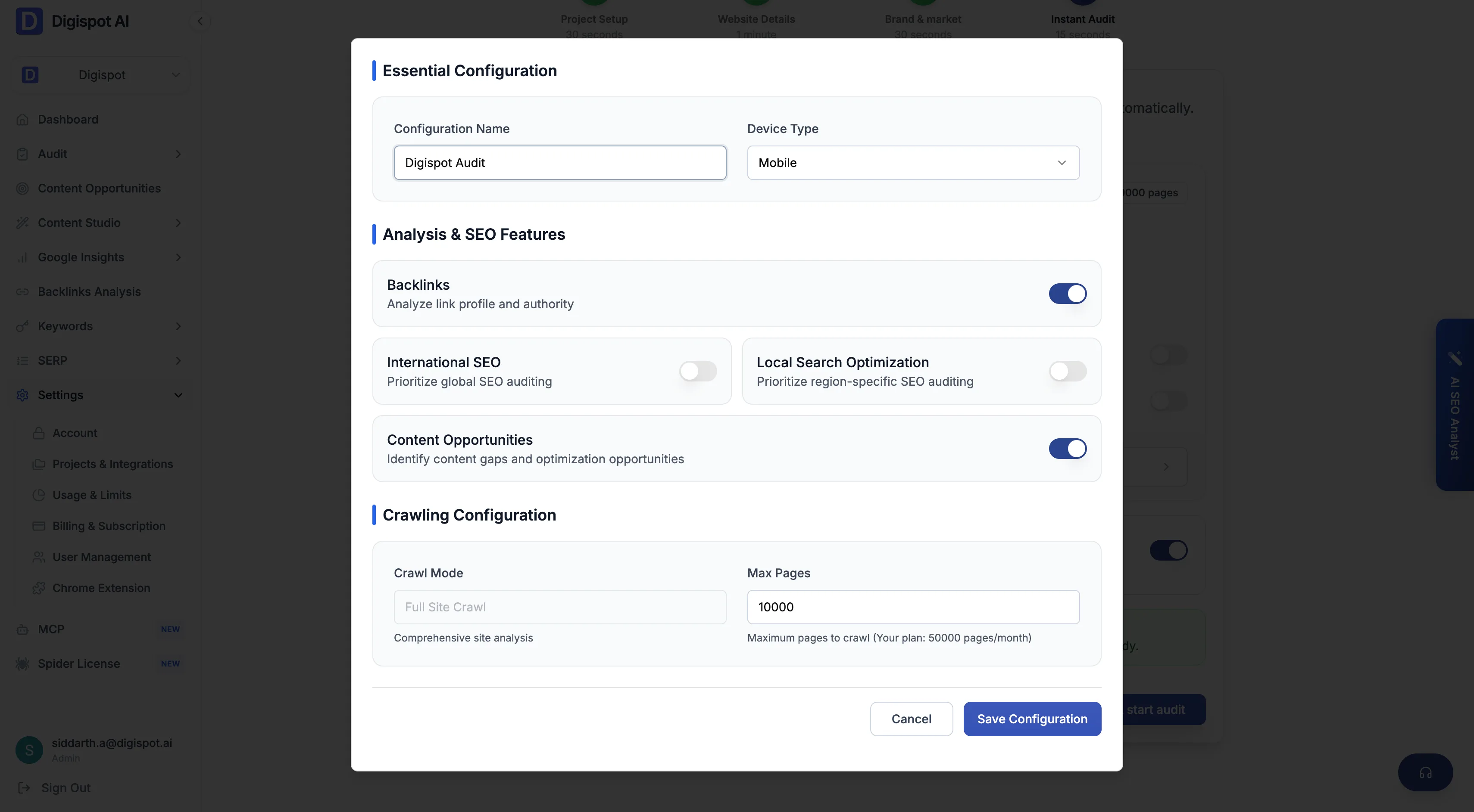 Cloud audit configuration screen with crawl mode, budget, device, and optional-module toggles