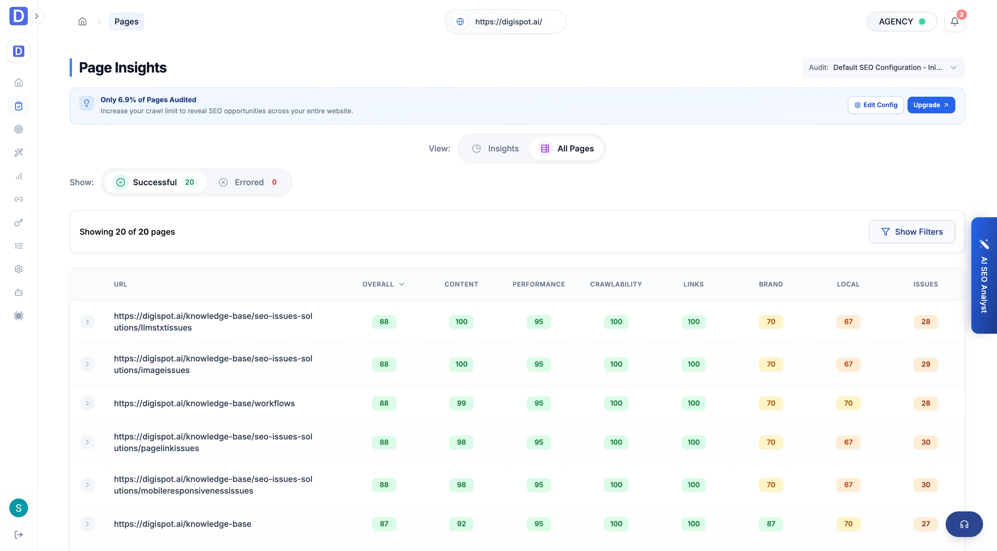 Cloud Pages report with per-dimension score columns and filters