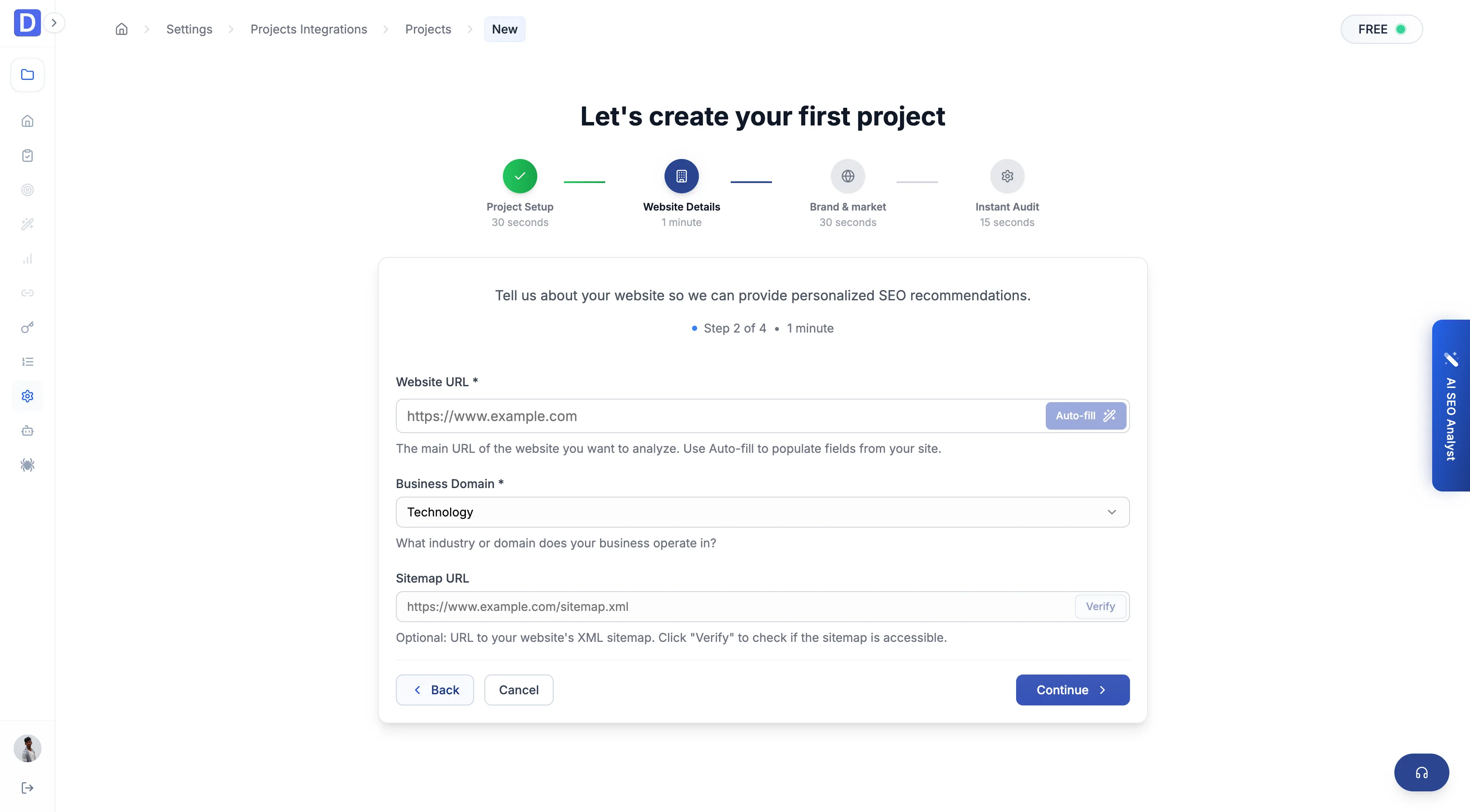 Project wizard screen 2 — website URL, business domain dropdown, and sitemap URL fields, with an Auto-fill button beside the URL field