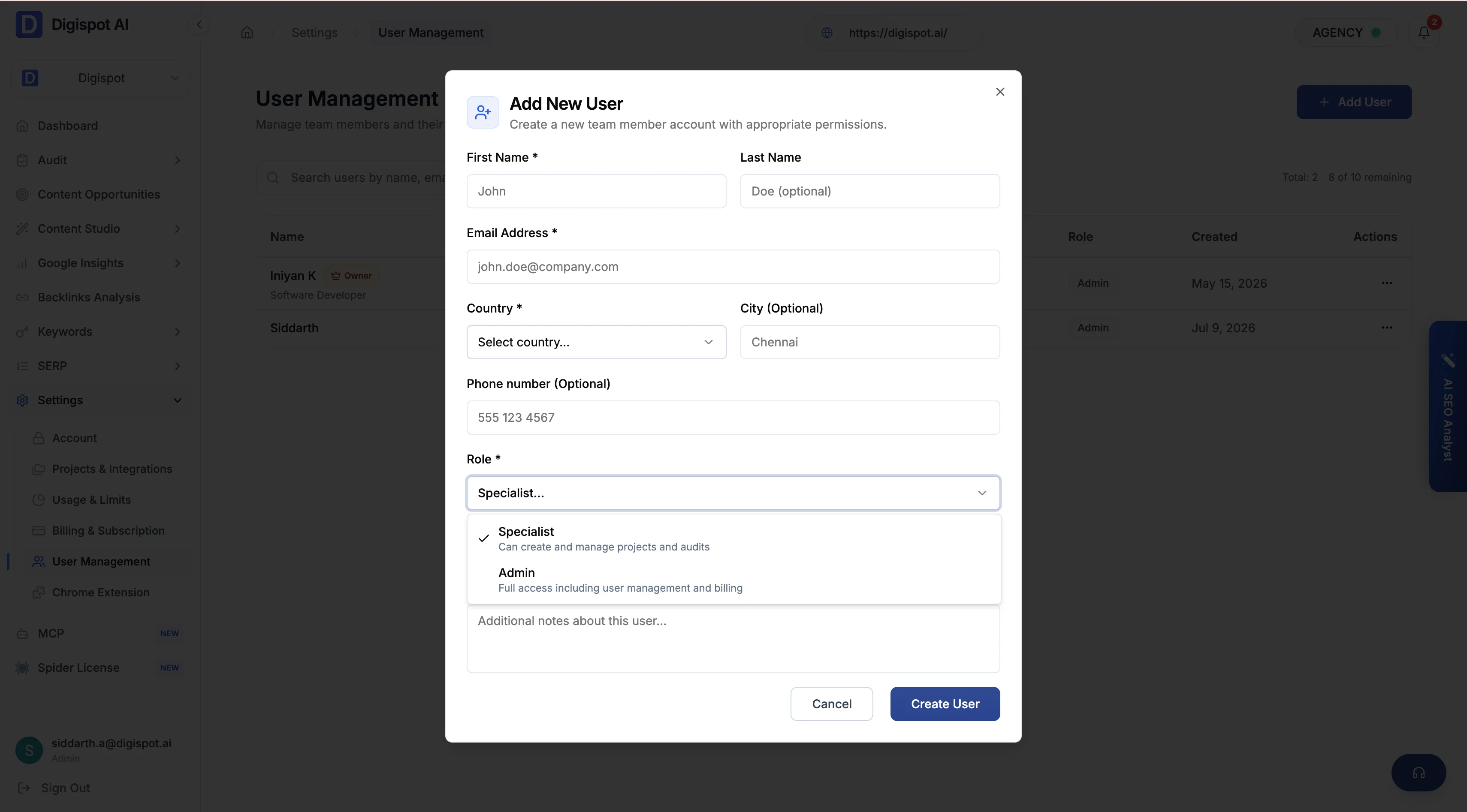 Cloud user management screen listing team members with their roles