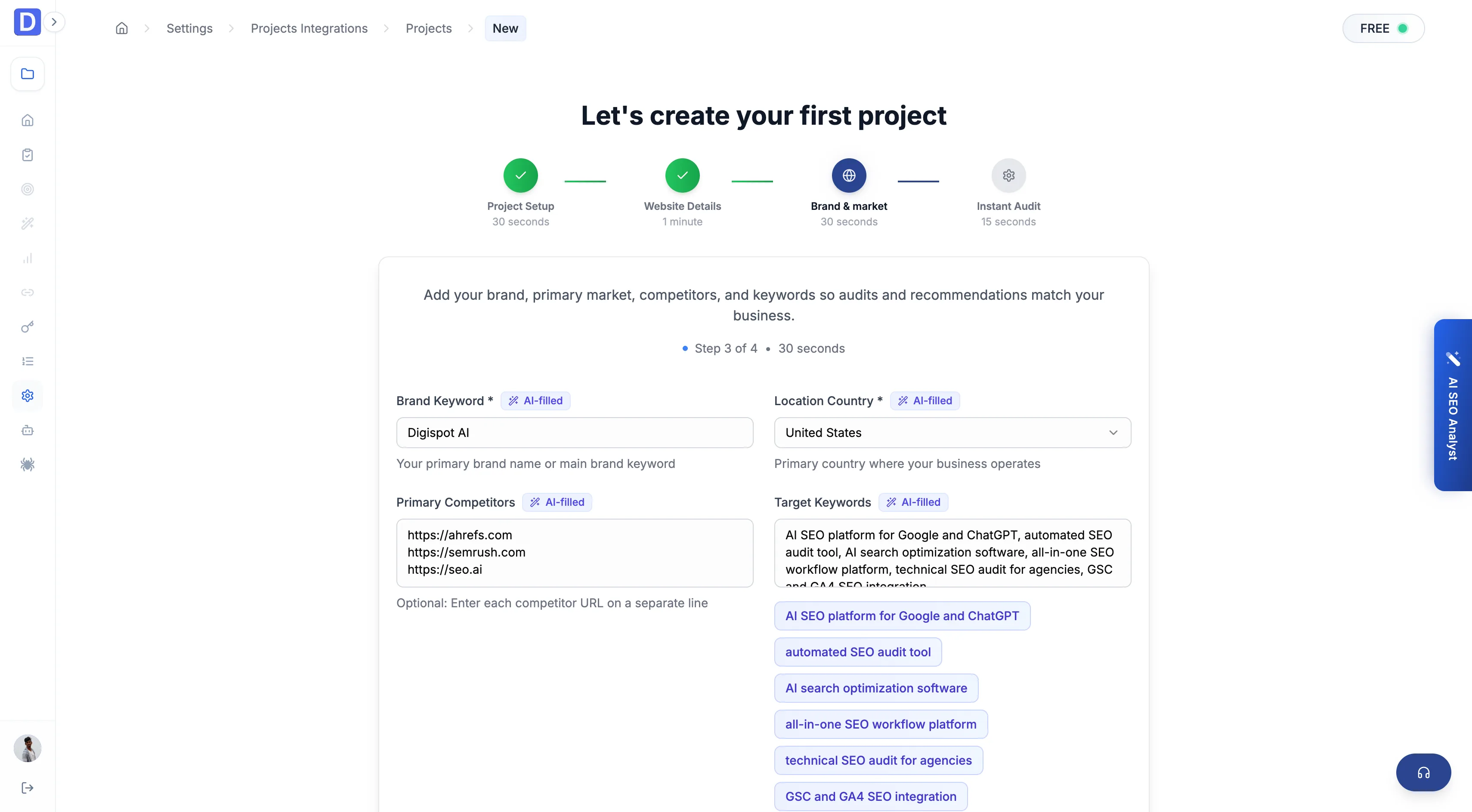 Project wizard screen 3 — brand keyword, location country, primary competitors, and target keywords, with Auto-fill-populated keyword chips