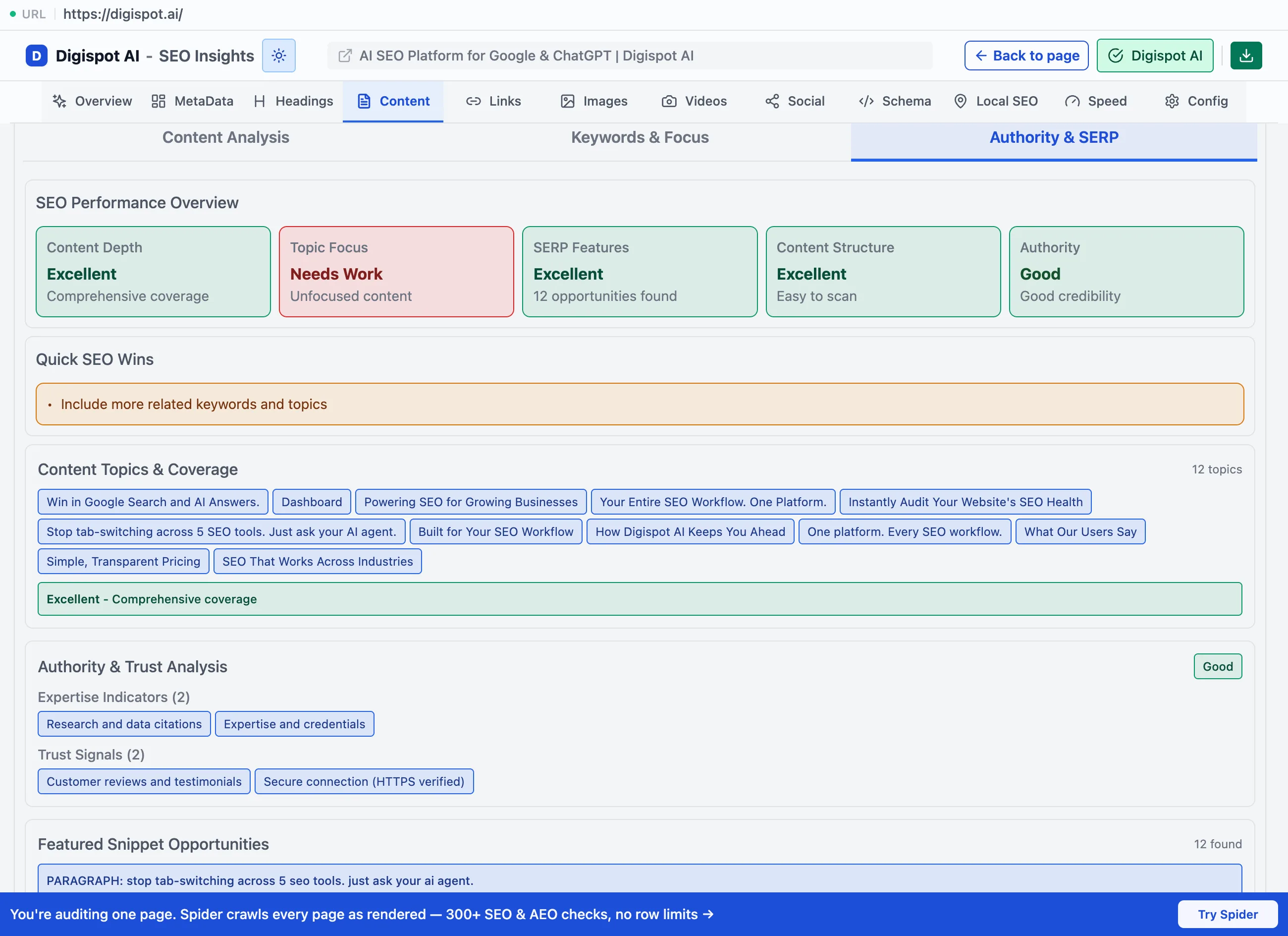 The Authority & SERP sub-tab showing an SEO Performance Overview of content depth, topic focus, SERP features, structure, and authority, followed by quick SEO wins, content topics coverage, and an E-E-A-T authority and trust analysis