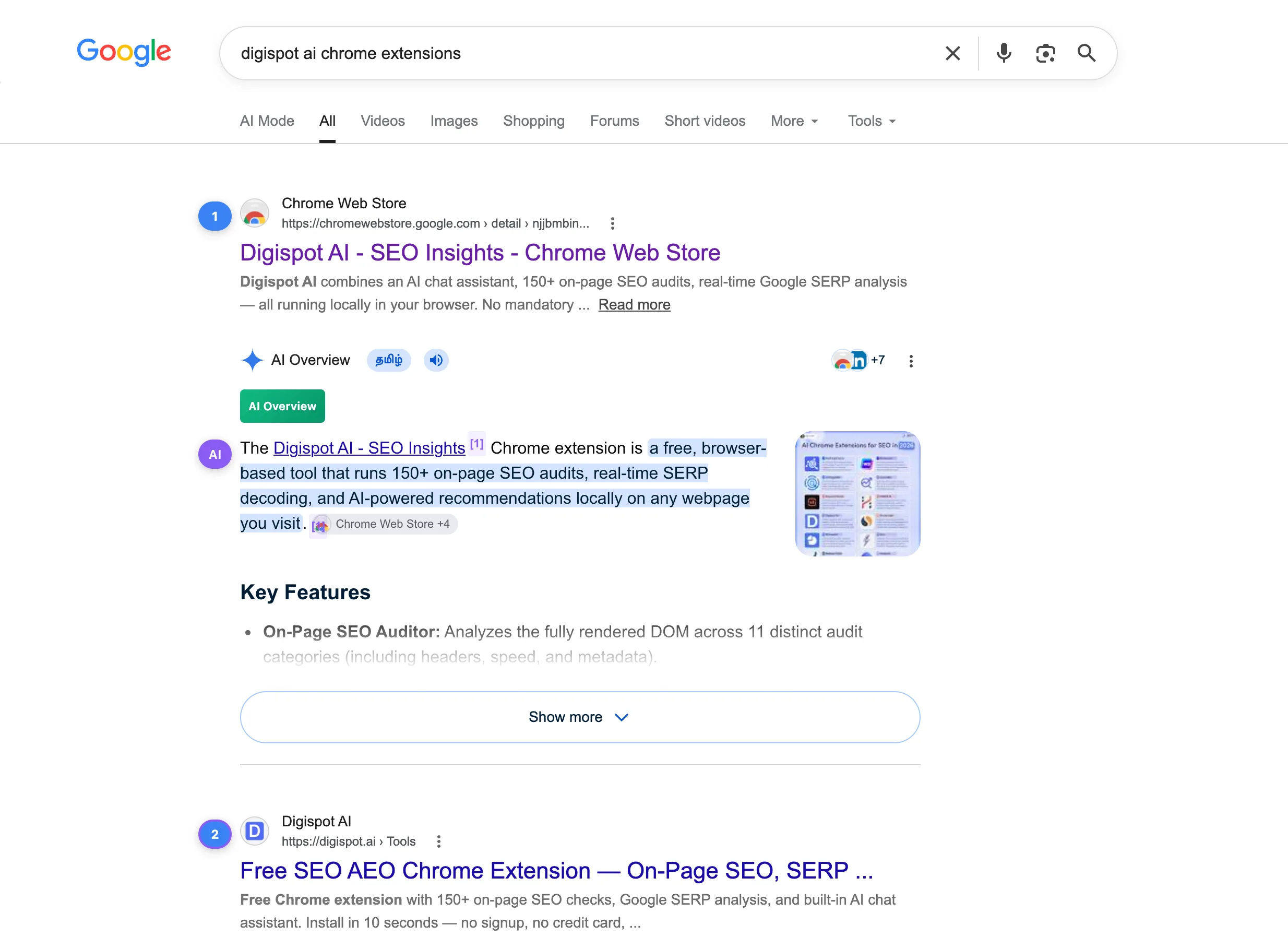 A Google search for 'digispot ai chrome extensions' with the Chrome Web Store listing ranked first and the Digispot AI tools page second, plus an AI Overview describing the extension