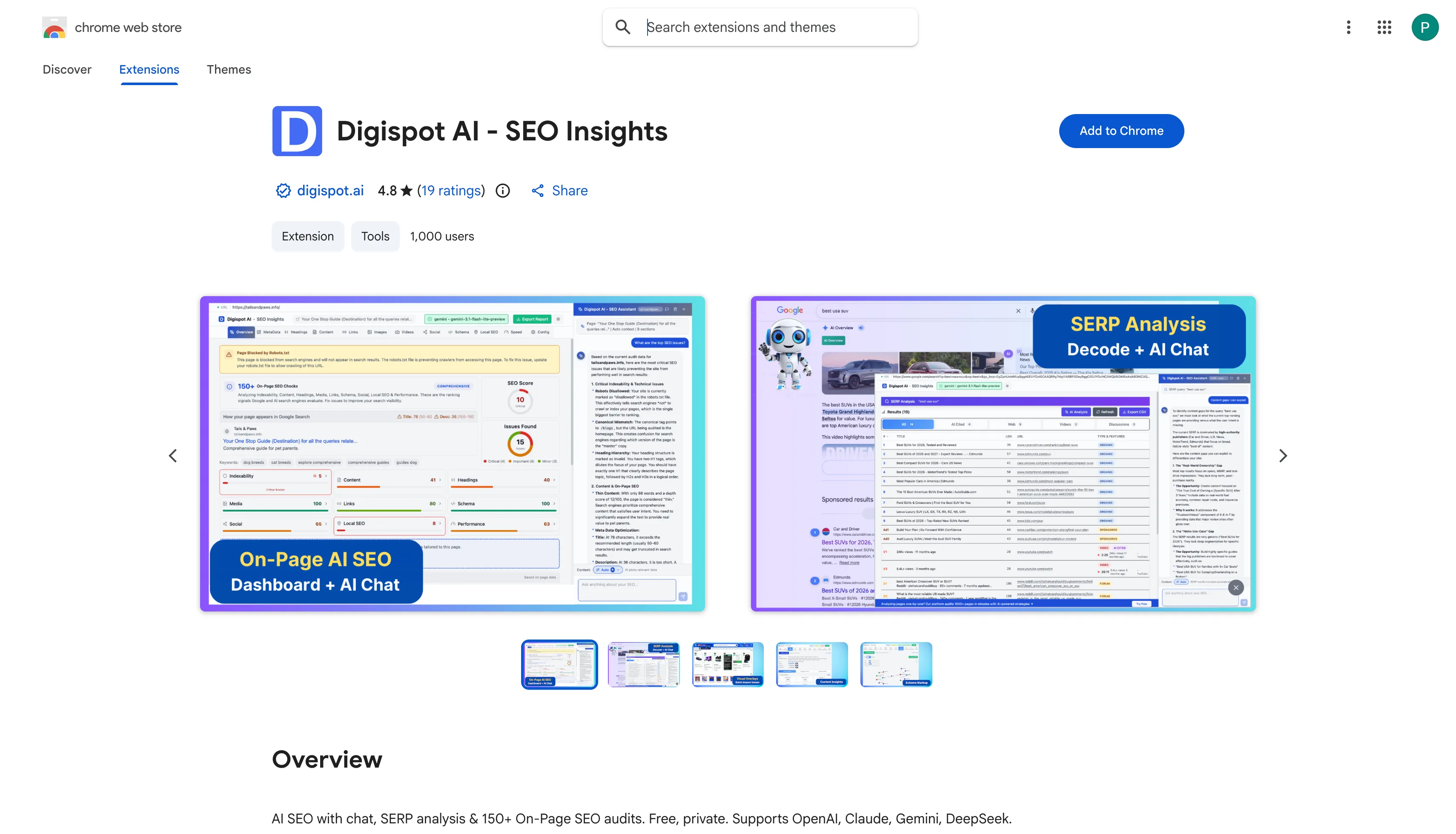 The Digispot AI — SEO Insights Chrome Web Store listing, showing a 4.8 rating, 1,000 users, and promo tiles for the on-page SEO dashboard and SERP analysis modes