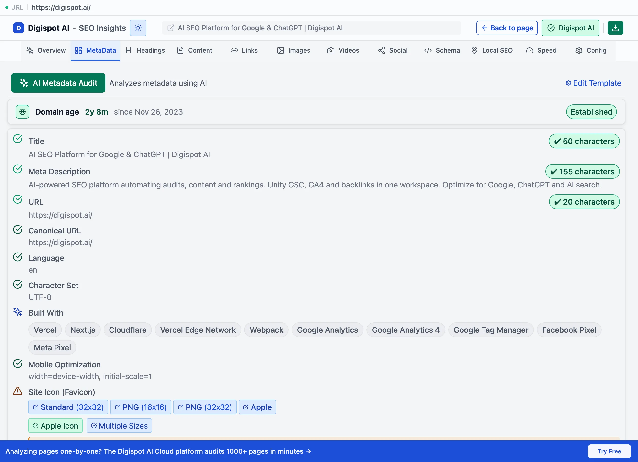 The MetaData panel showing the AI Metadata Audit with domain age, then title, meta description, URL, canonical, language, character set, Built With technology stack, and site icon rows, each with a pass status and character count
