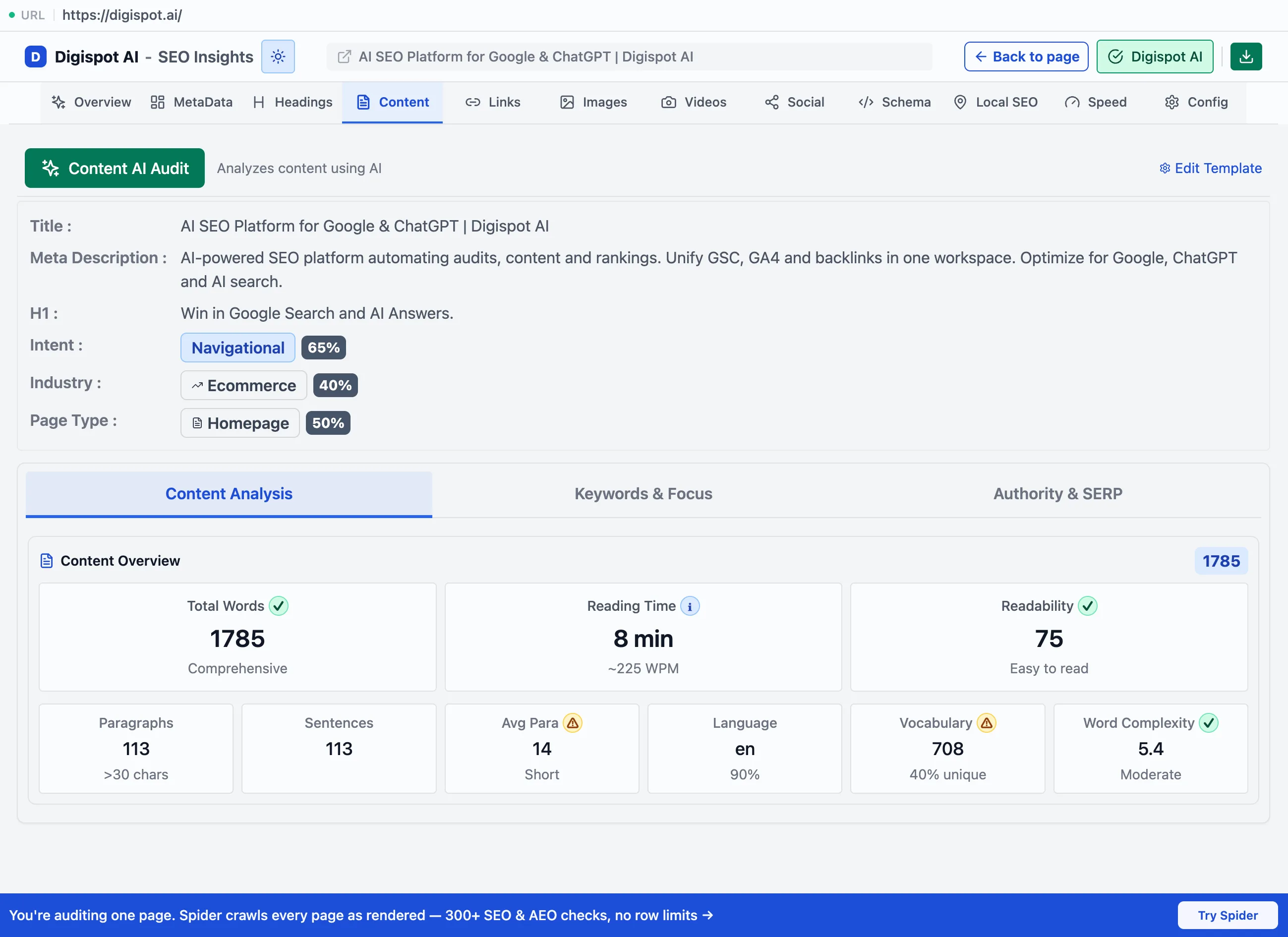The Content panel's Content Analysis sub-tab showing intent, industry, and page type at the top, then a Content Overview grid with total words, reading time, readability, paragraphs, sentences, language, vocabulary, and word complexity