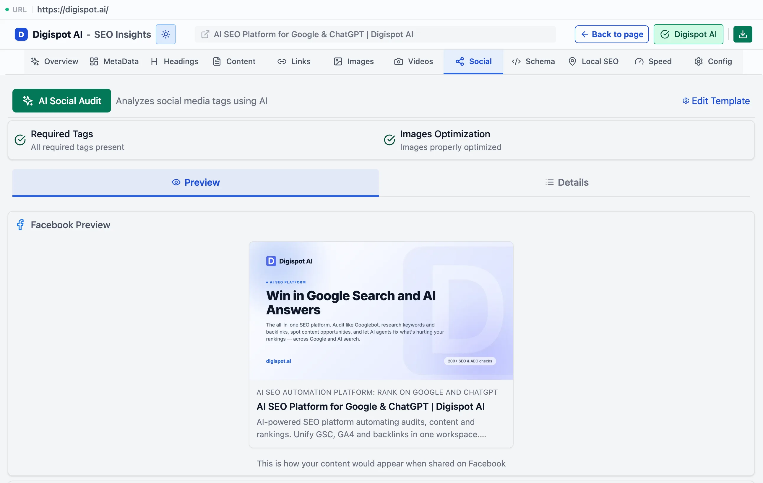 The Social panel's AI Social Audit showing required-tags and image-optimization checks passing, above a rendered Facebook preview card built from the page's actual Open Graph tags