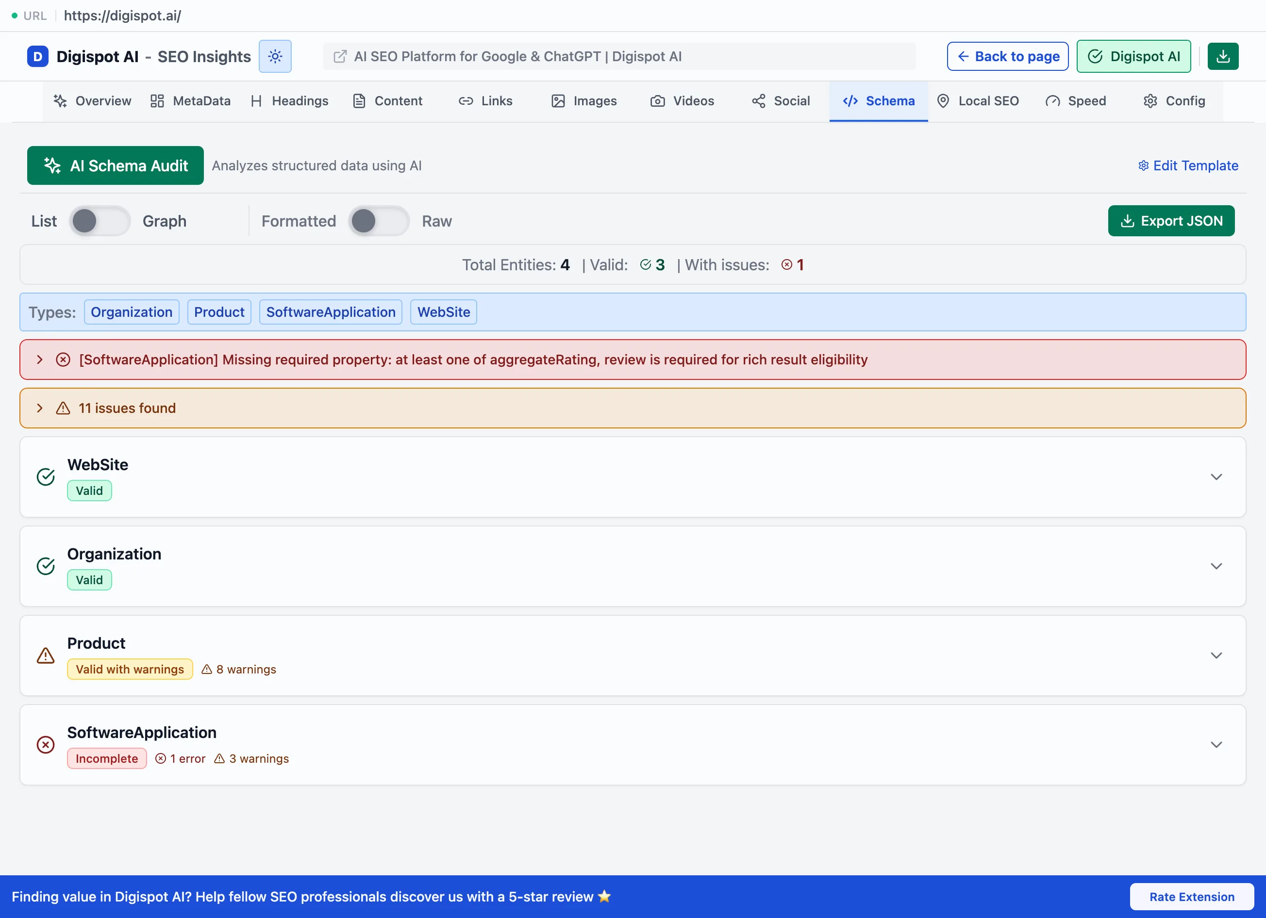 The Schema panel showing four detected entity types — WebSite, Organization, Product, SoftwareApplication — with per-block valid, valid-with-warnings, and incomplete statuses, and a flagged missing required property on SoftwareApplication