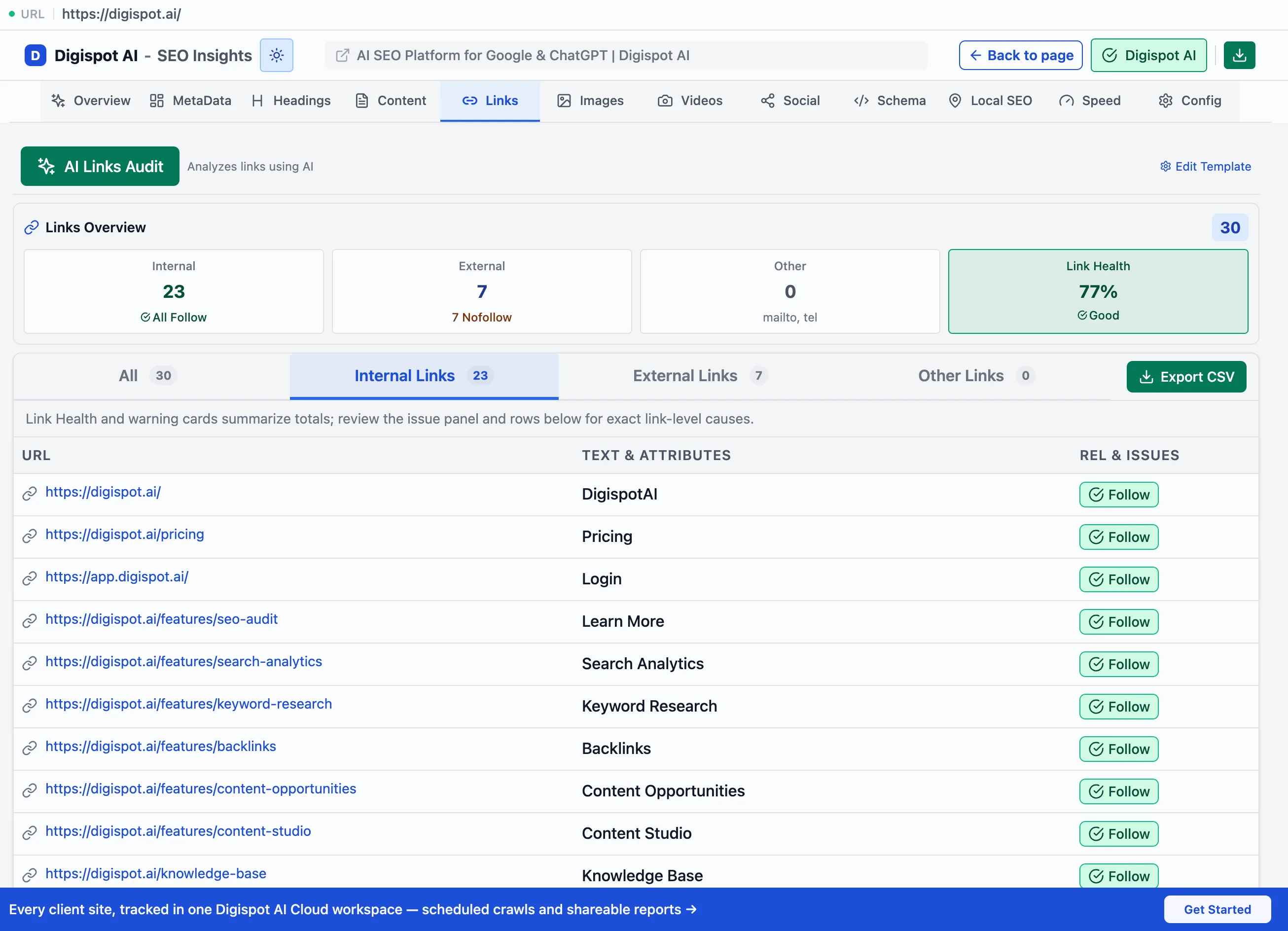 The Links panel filtered to the Internal links tab, listing 23 same-site links with their anchor text and a Follow badge on each