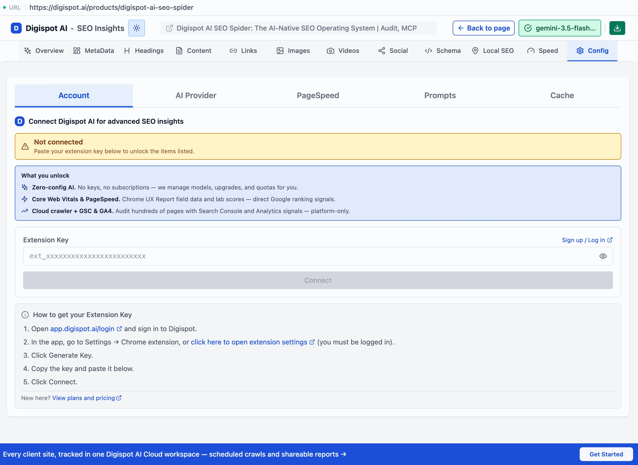 The extension Config Account tab showing a 'Not connected' Extension Key state, a 'What you unlock' panel, an ext_ key field with a Connect button, and step-by-step instructions for generating a key