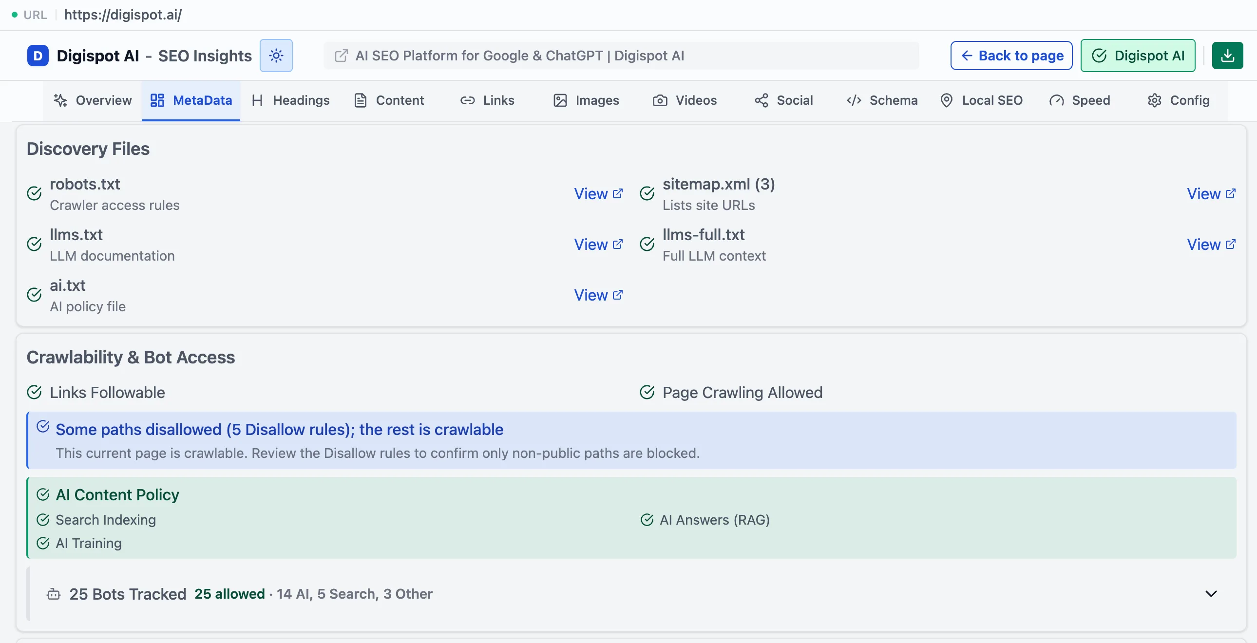 The MetaData panel's Discovery Files section listing robots.txt, sitemap.xml, llms.txt, llms-full.txt, and ai.txt with View links, above a Crawlability & Bot Access section showing followable links, an AI content policy, and 25 bots tracked