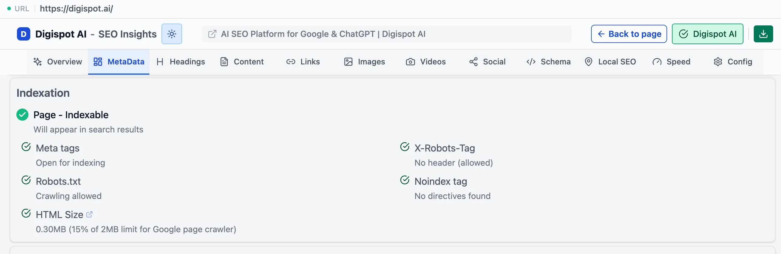 The Indexation card showing 'Page - Indexable' with supporting signals: meta tags open for indexing, robots.txt crawling allowed, HTML size within the crawler limit, X-Robots-Tag with no header, and no noindex directive found