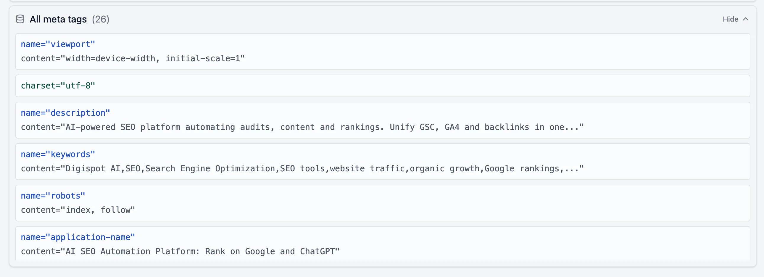 The expanded 'All meta tags' view listing 26 raw meta tags with their name and content attributes, including viewport, charset, description, keywords, robots, and application-name
