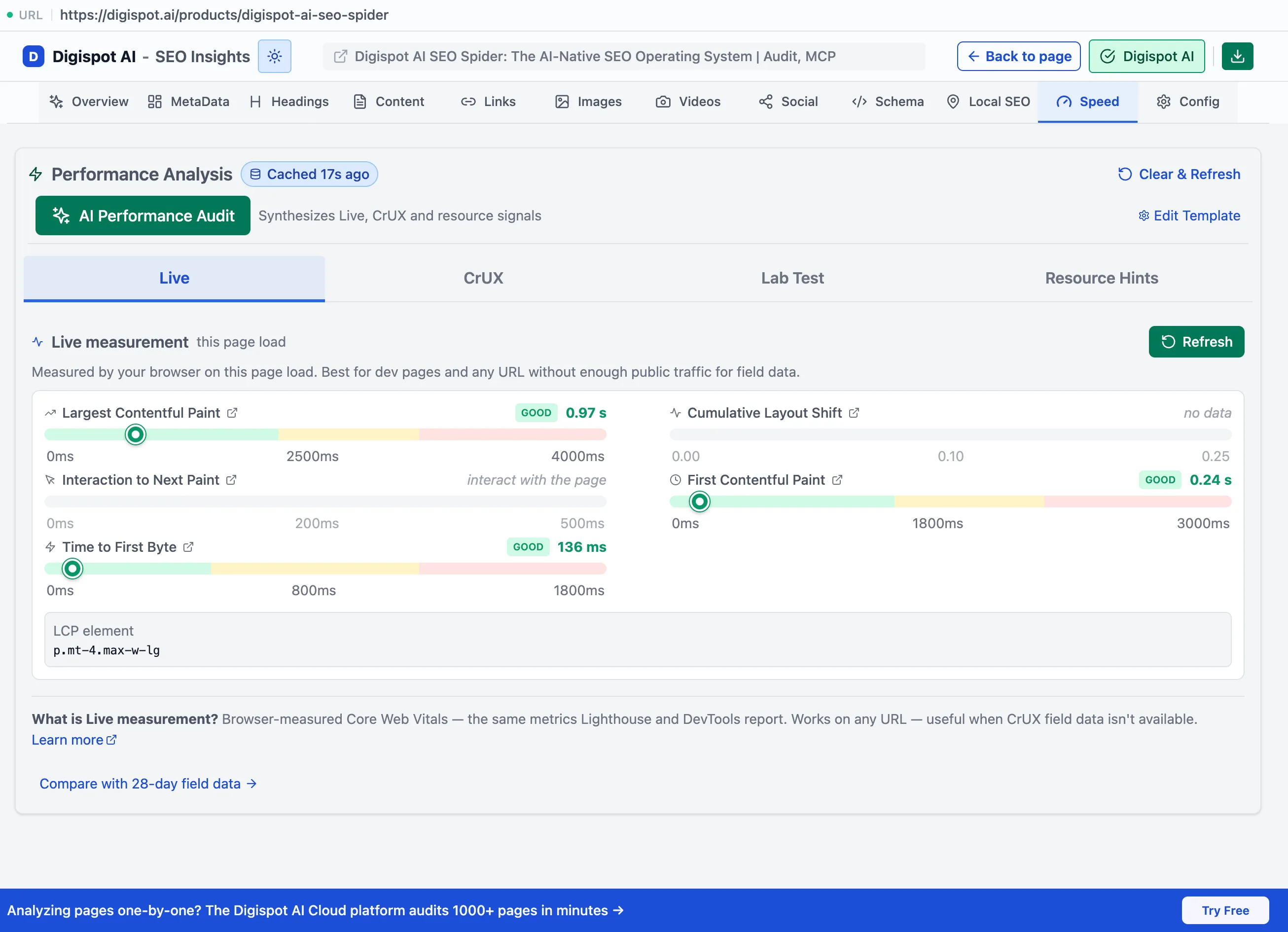 The extension Speed tab's Performance Analysis panel on the Live sub-tab, showing browser-measured Core Web Vitals — LCP, CLS, INP, FCP, TTFB — for the current page load with an LCP element callout