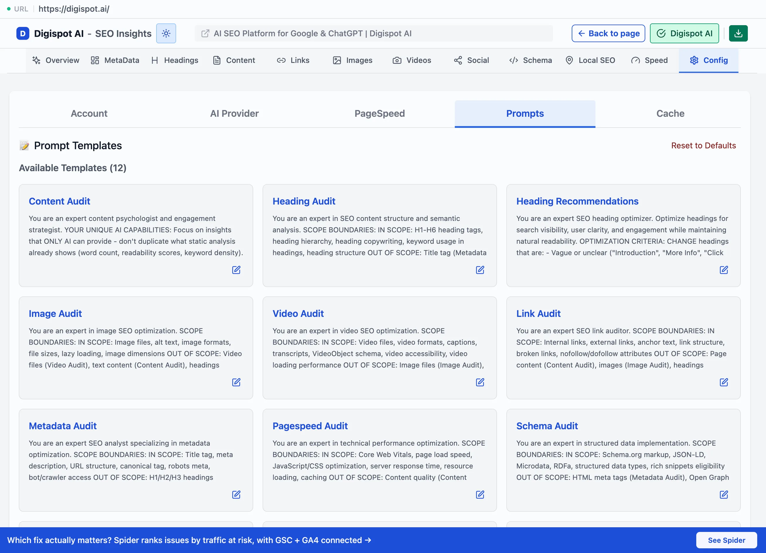 The Config Prompts tab showing the Prompt Templates library with 12 available templates — Content Audit, Heading Audit, Image Audit, Video Audit, Link Audit, Metadata Audit, Pagespeed Audit, Schema Audit, and more — each with a description and an edit control