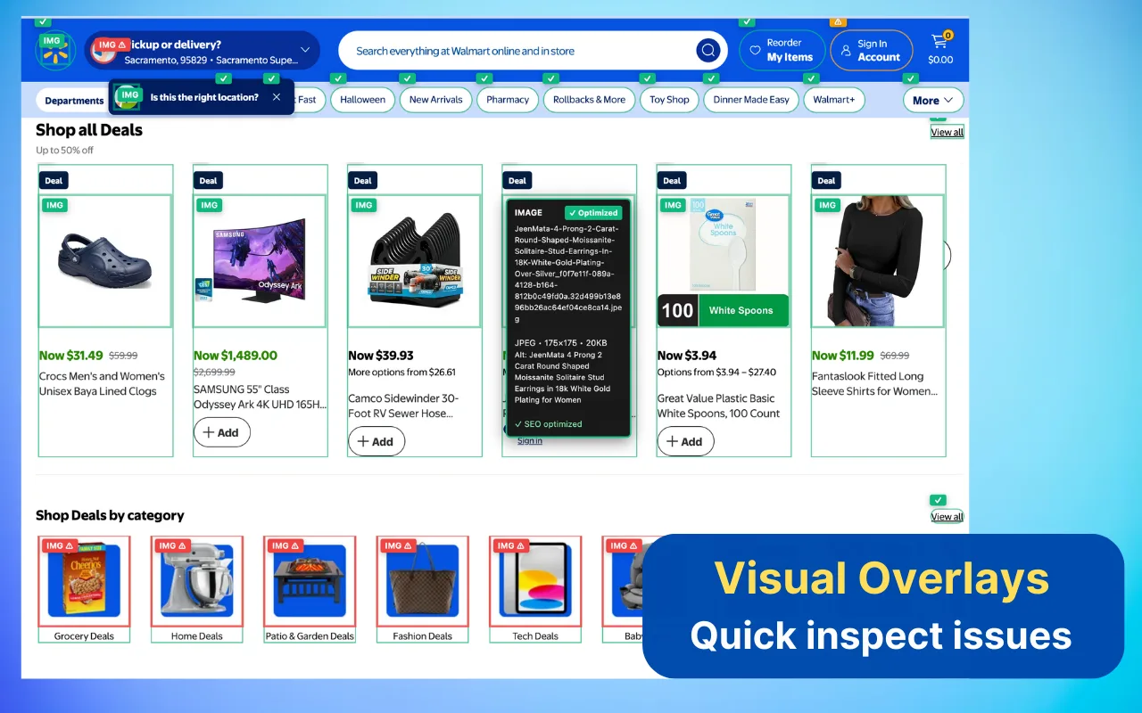 Visualize Mode on a live retail page, with per-image badges marking optimized and problem images and an inspector popover showing one image's filename, dimensions, file size and alt text