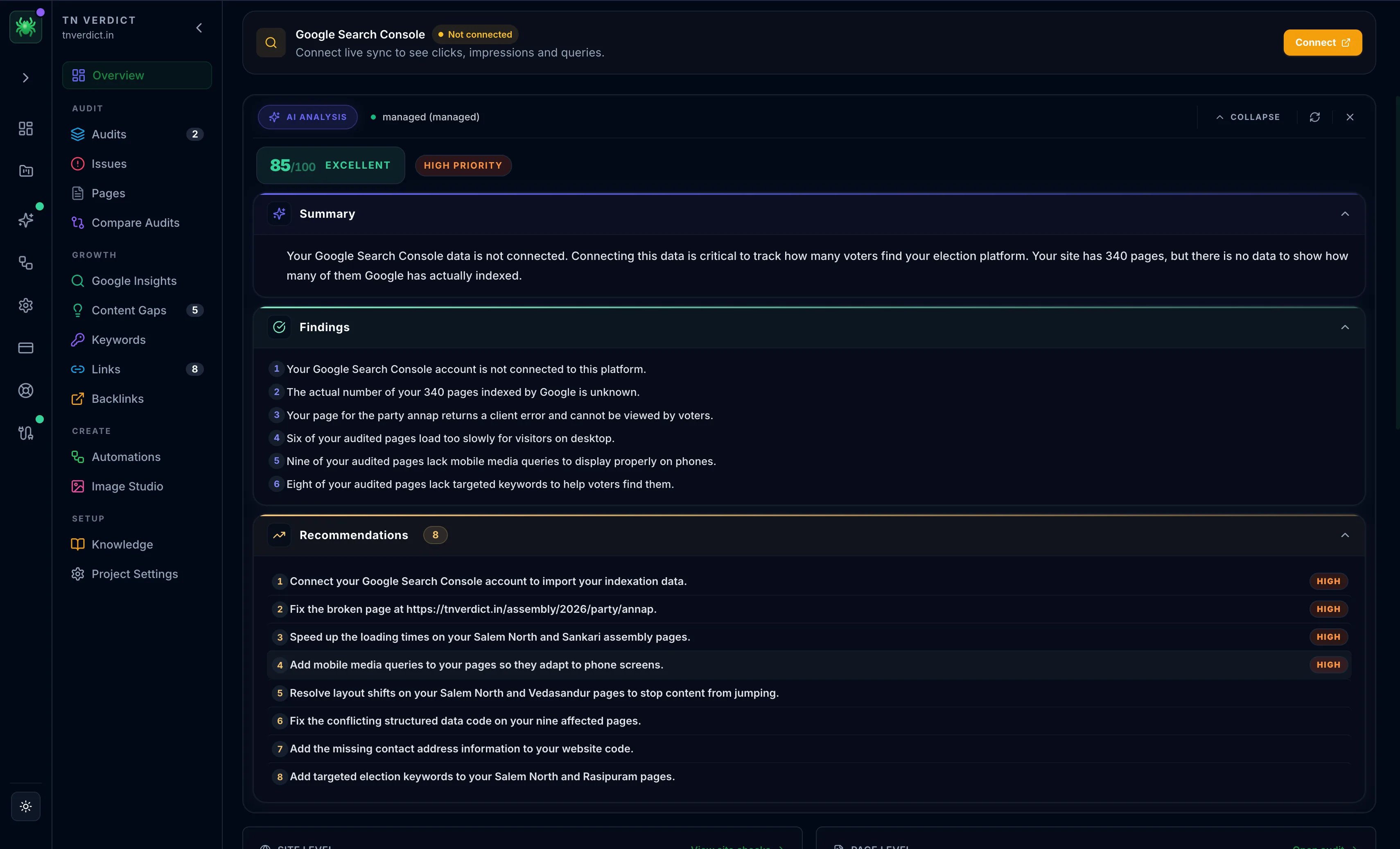 Spider AI analysis output, turning crawl data into prioritized recommendations