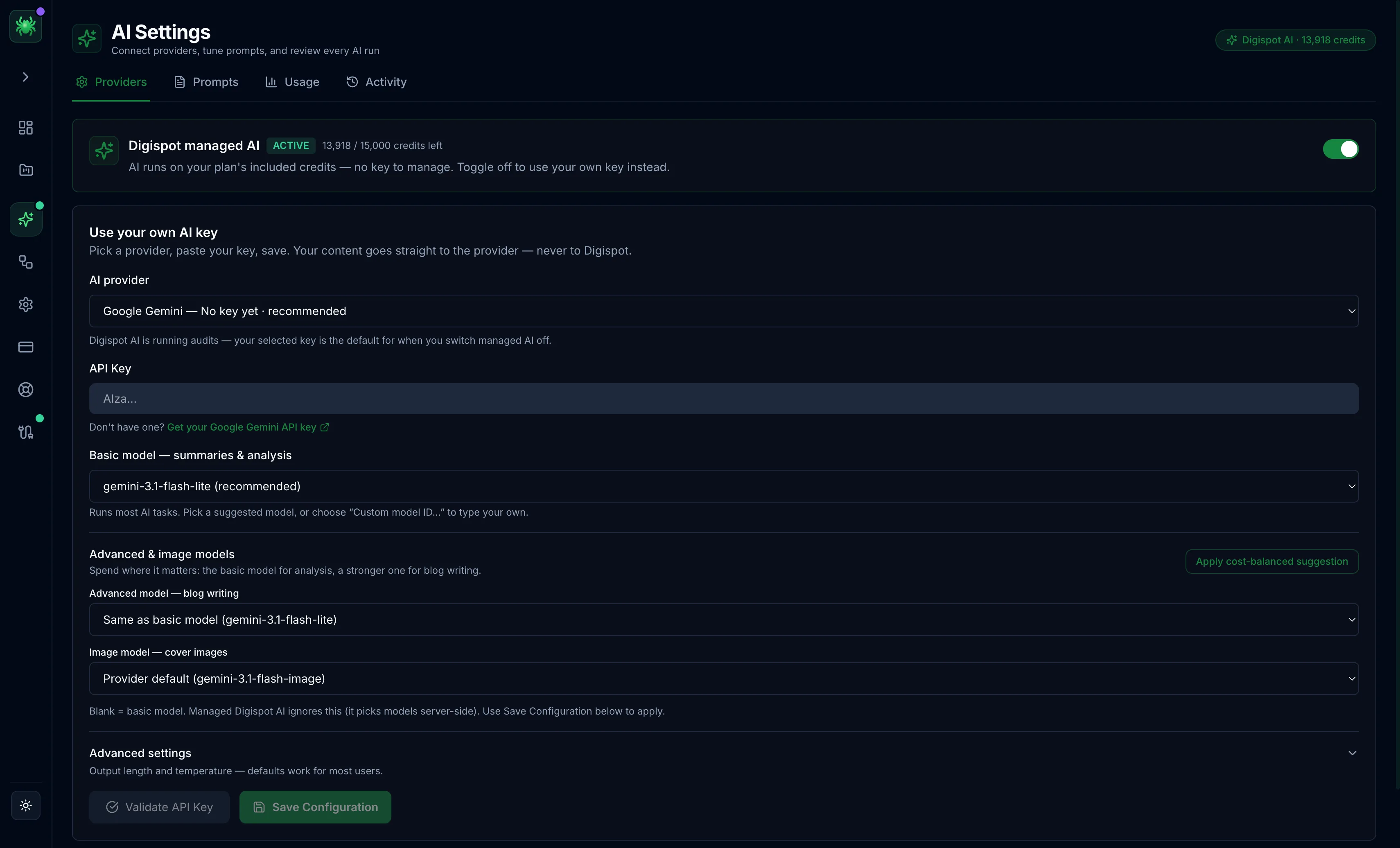 Spider AI settings, showing provider and model selection with BYOK and managed-credit options