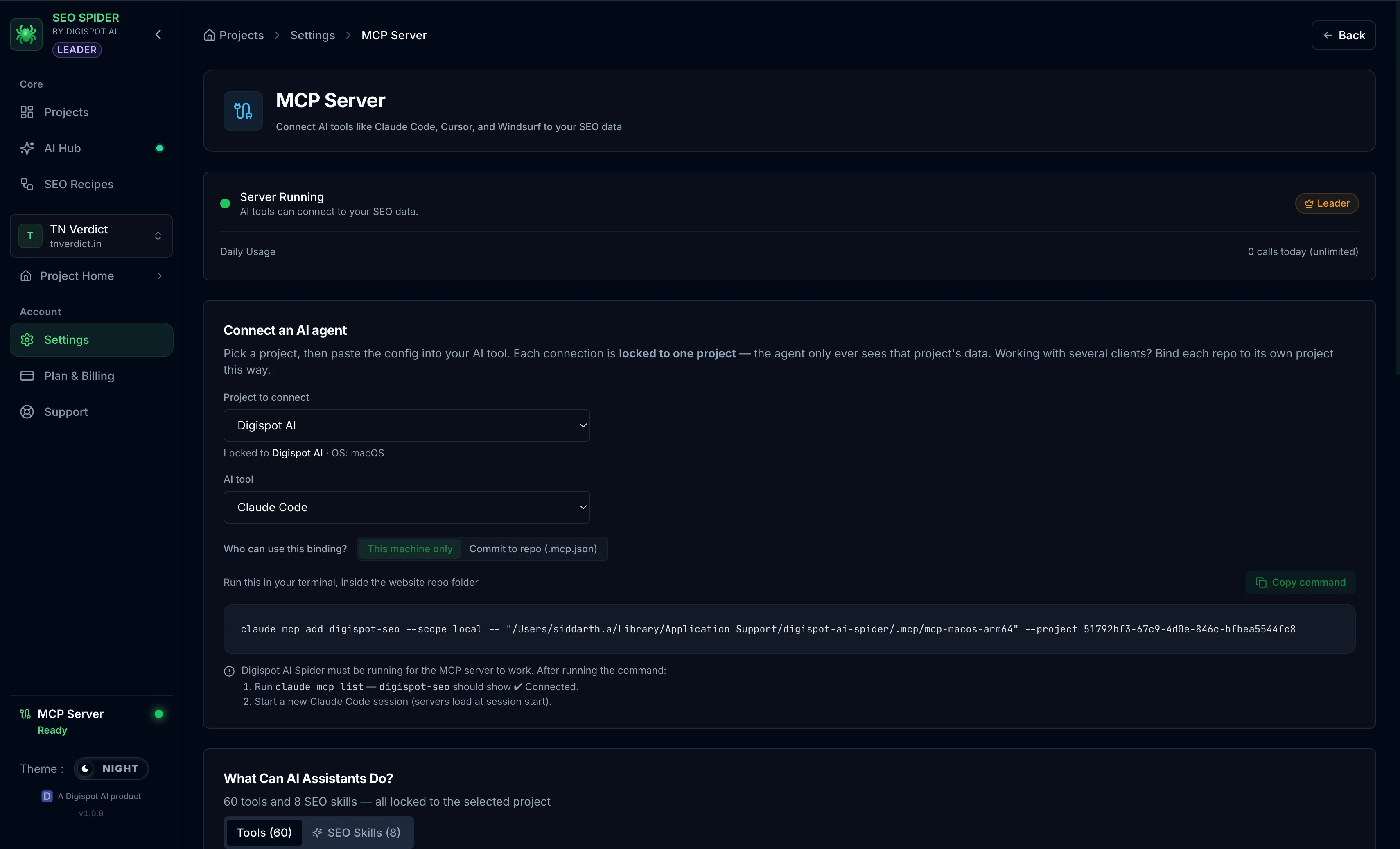 Spider MCP server screen with the ready-to-paste client configuration