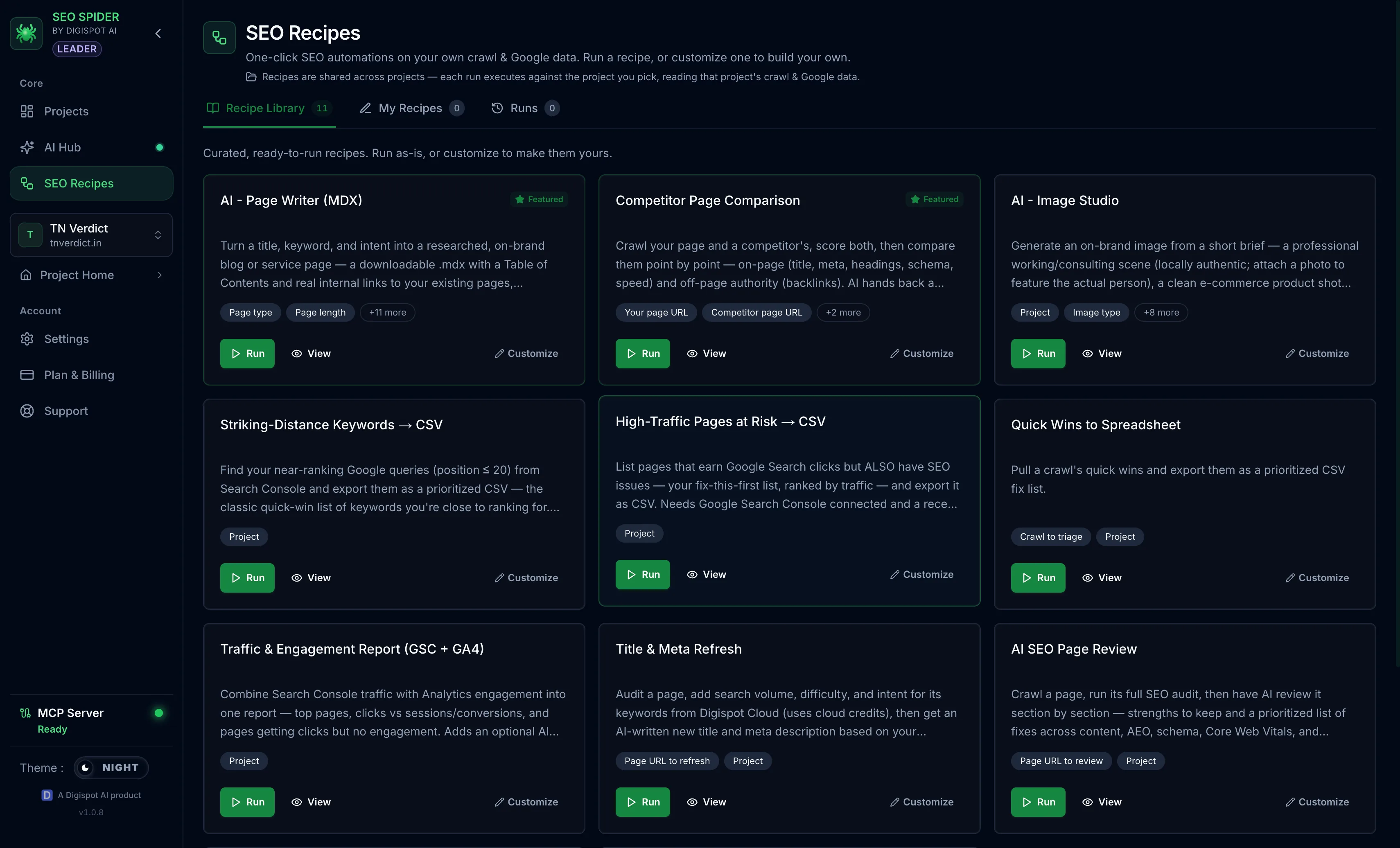 Spider SEO Recipes workflow editor, showing chained crawler and AI steps
