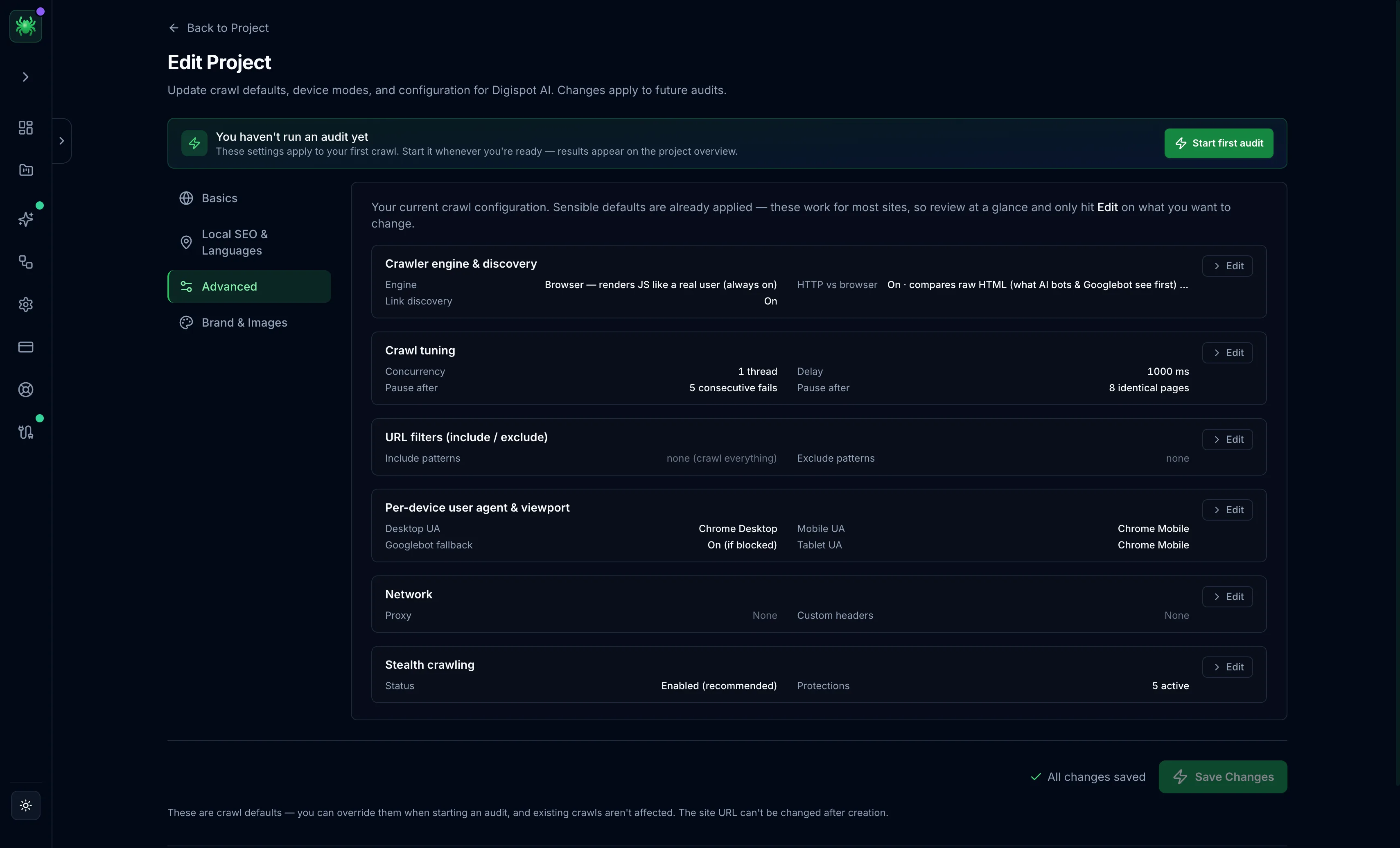 The Advanced settings, showing collapsed cards for crawler engine and discovery, crawl tuning with concurrency and delay, URL filters, per-device user agent and viewport, network, and stealth crawling — each with an Edit button