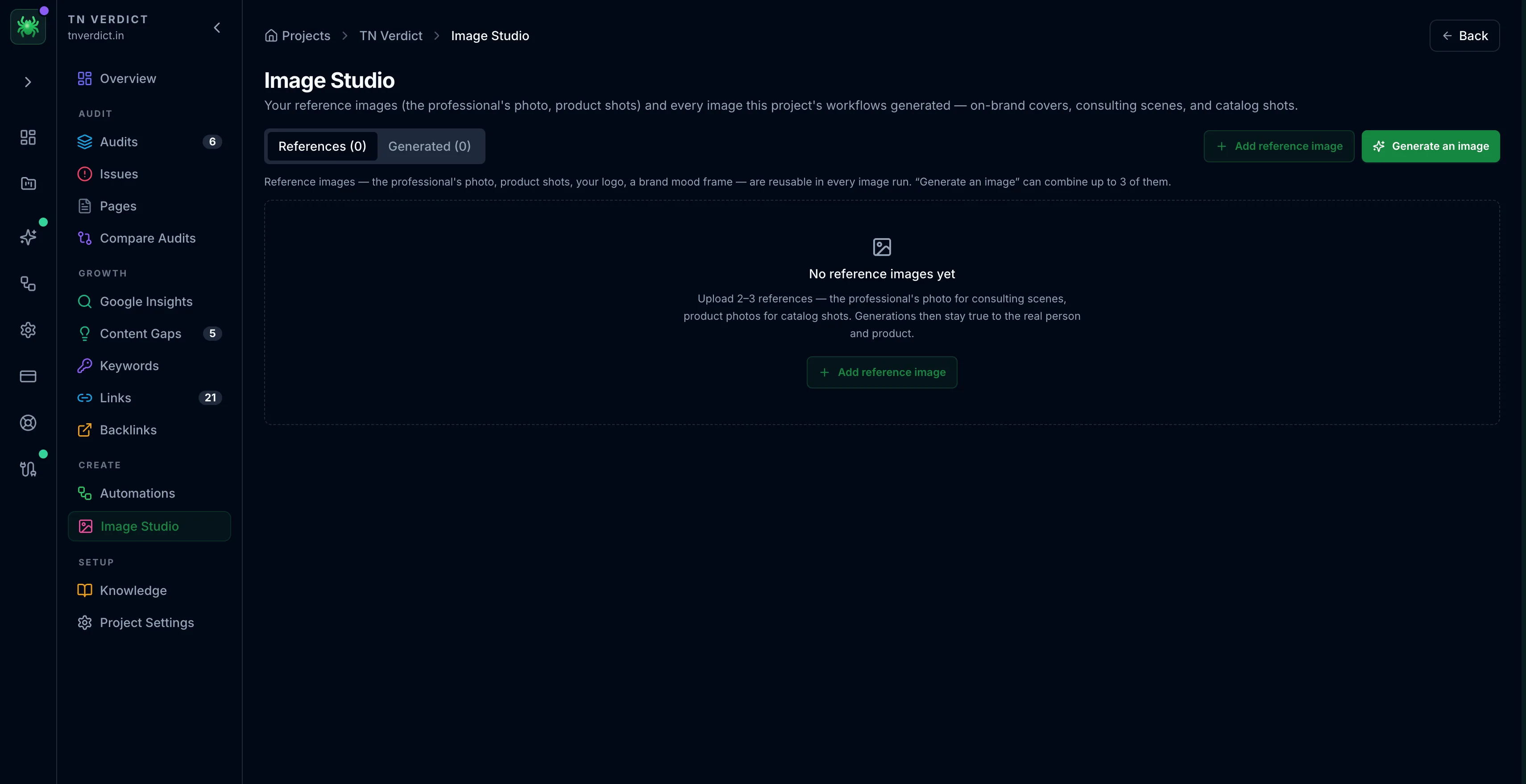 Spider Image Studio with reference and generated image tabs