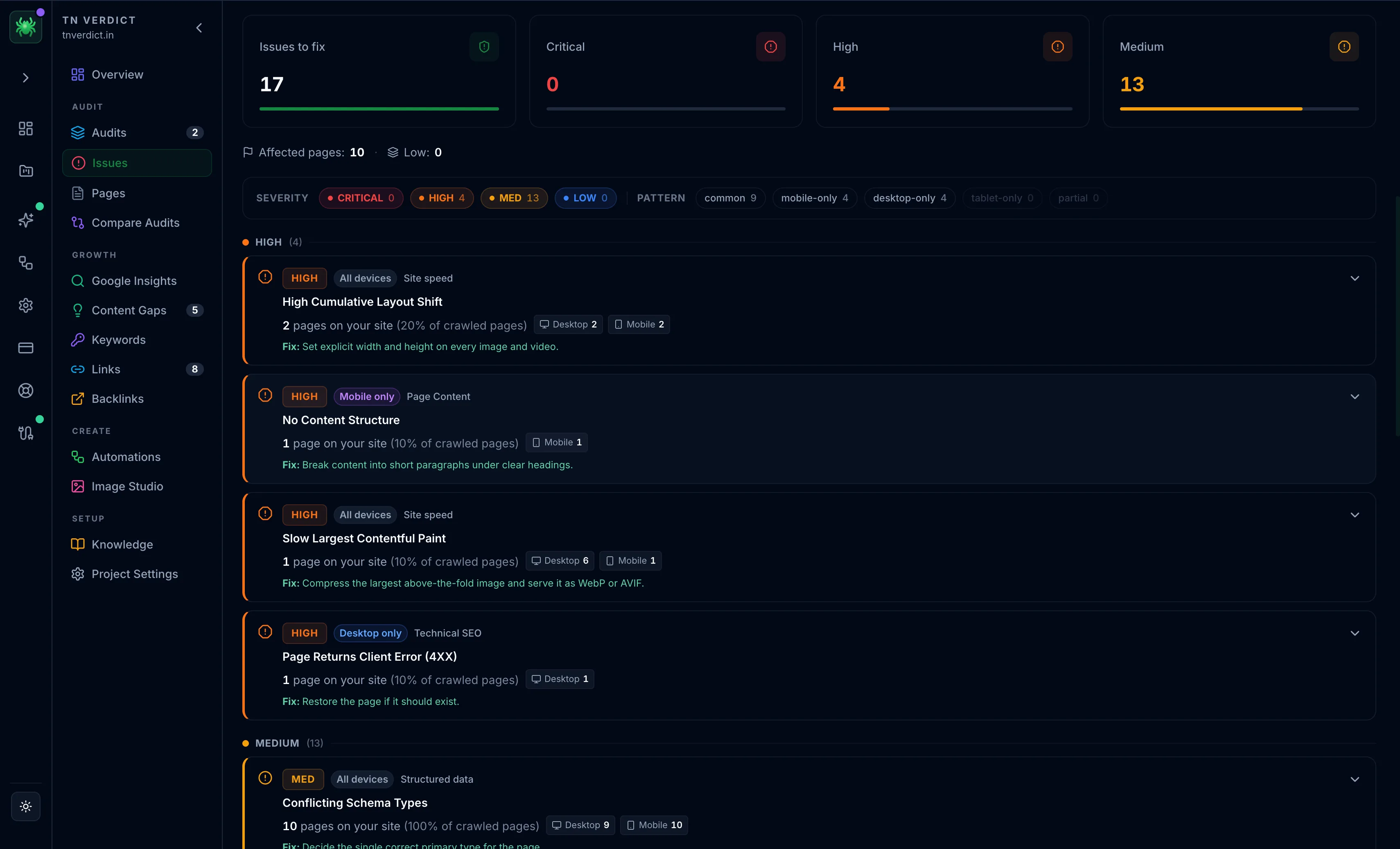 Spider issues list grouped by severity, with errors listed before warnings and notices
