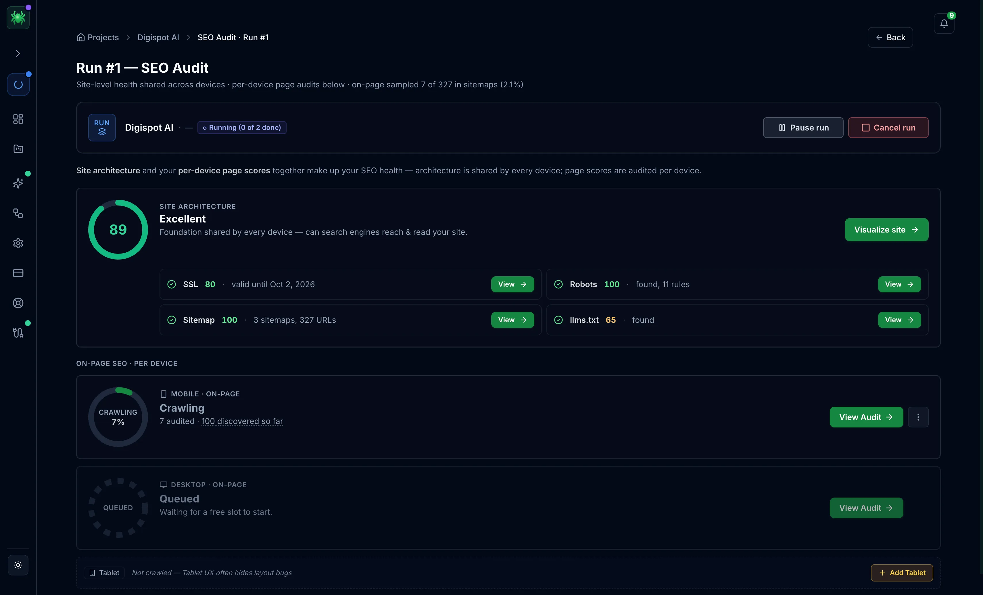 A live SEO Audit run page, status 'Running (0 of 2 done)', with a Site Architecture score of 89, SSL/robots/sitemap/llms.txt checks, a Mobile on-page audit crawling at 7 percent, and a Desktop audit queued
