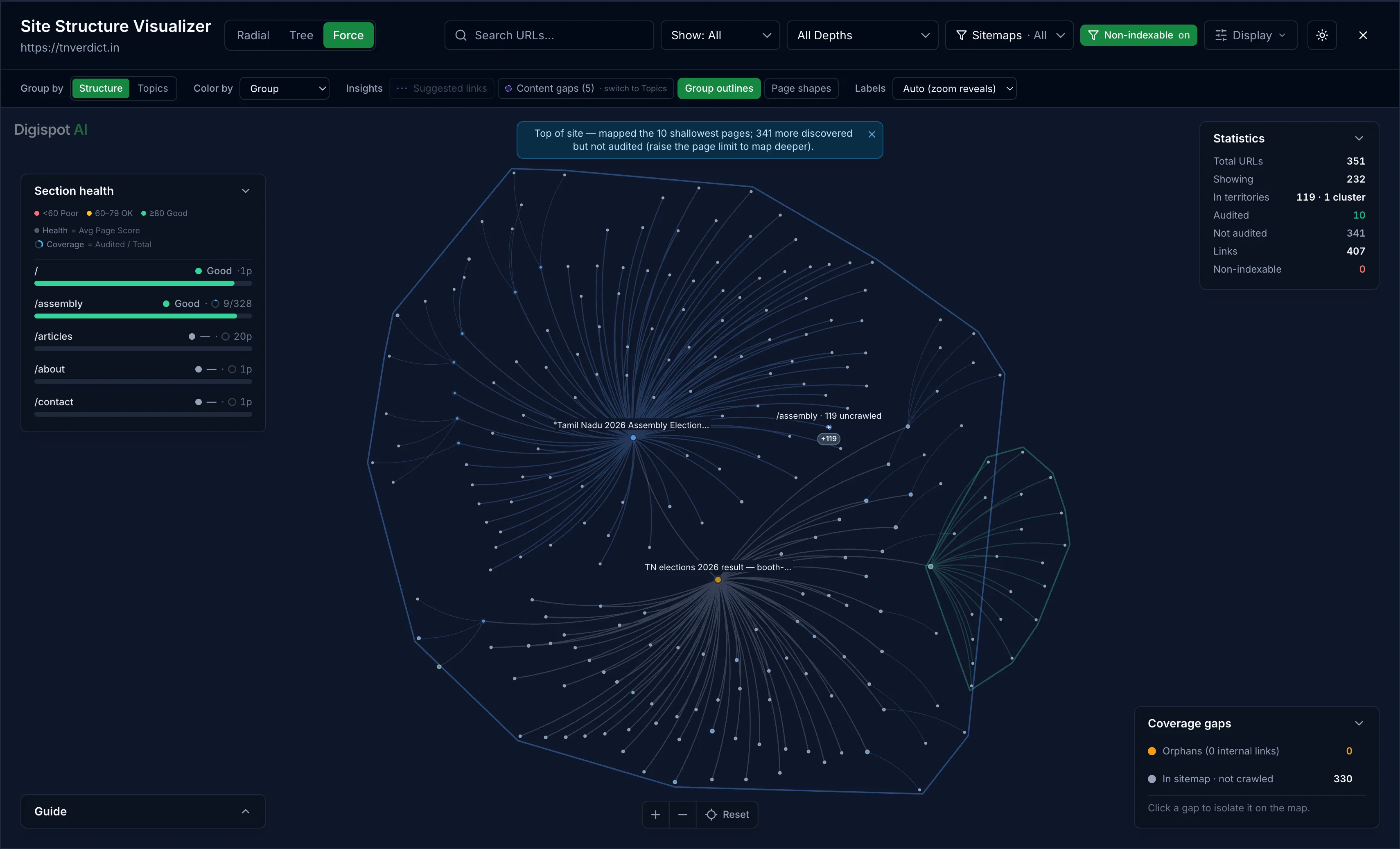 Spider Visualizer showing the site as an interactive graph of linked pages, color-coded and clustered by section
