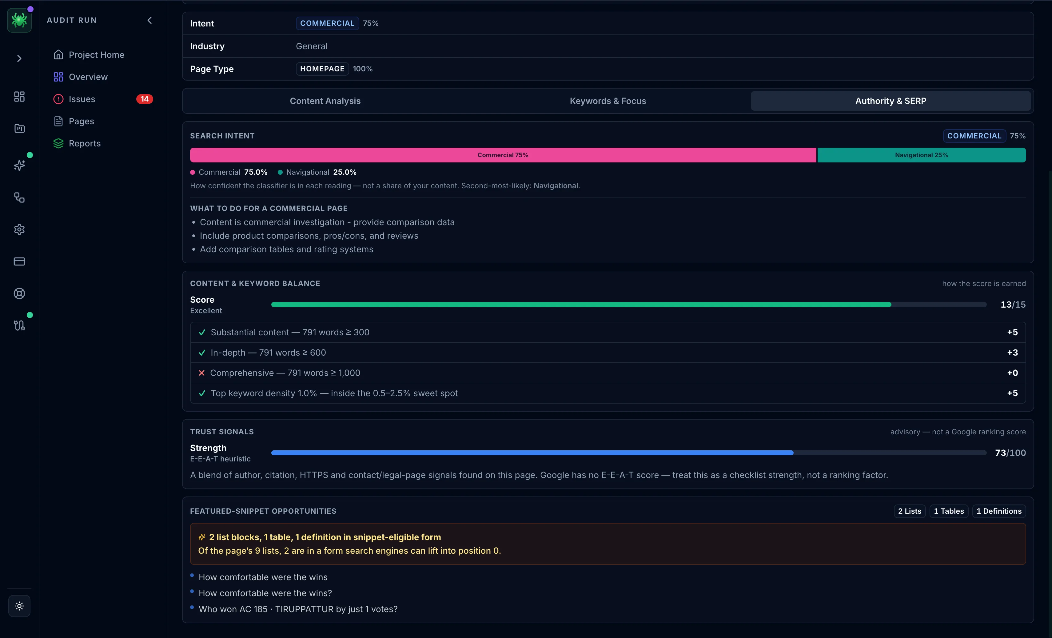 Spider Content tab Authority and SERP sub-tab with E-E-A-T trust signals and snippet opportunities