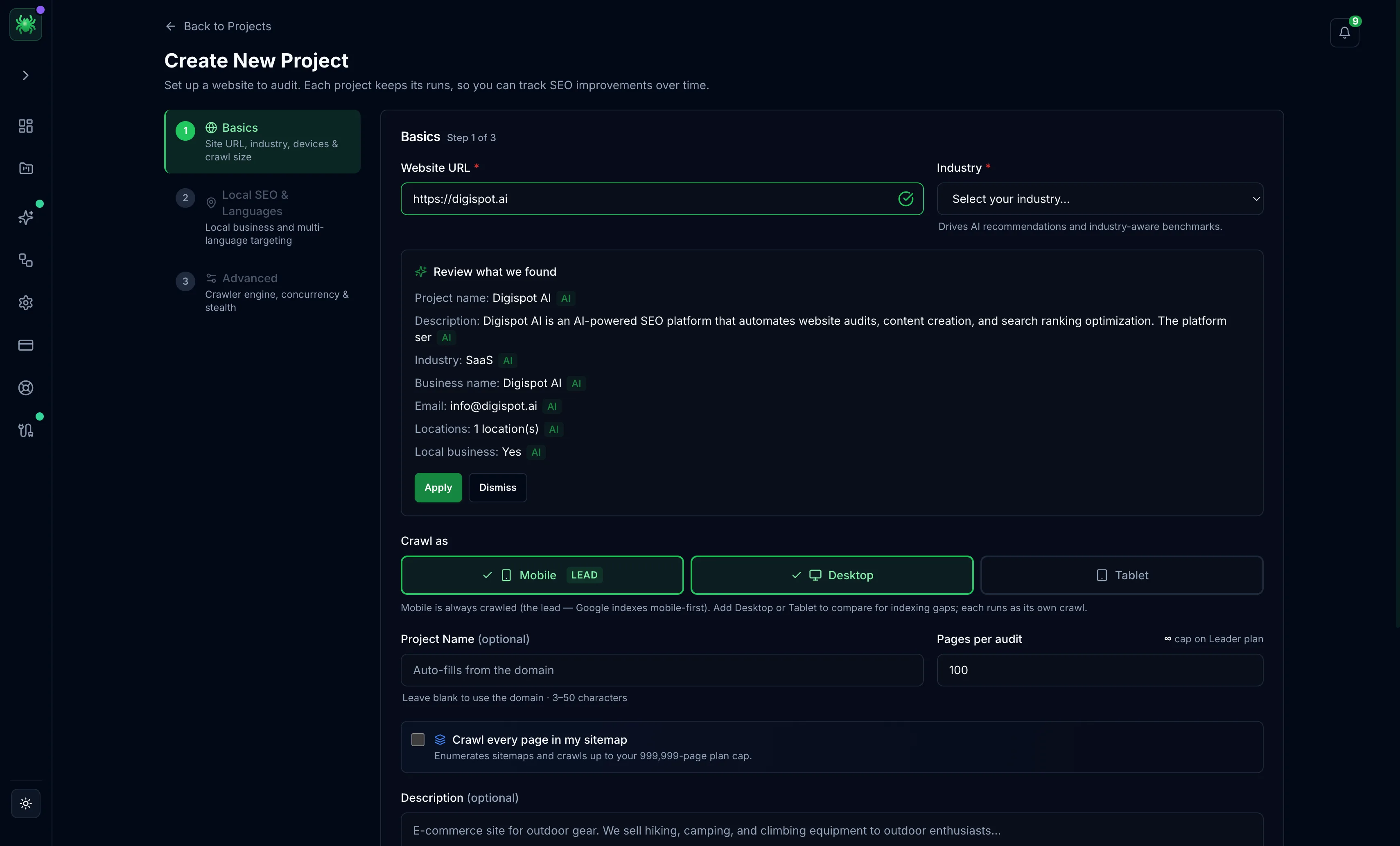 The Basics step with a 'Review what we found' panel listing the auto-detected project name, description, industry, business name, email, and locations, each tagged AI, with Apply and Dismiss buttons