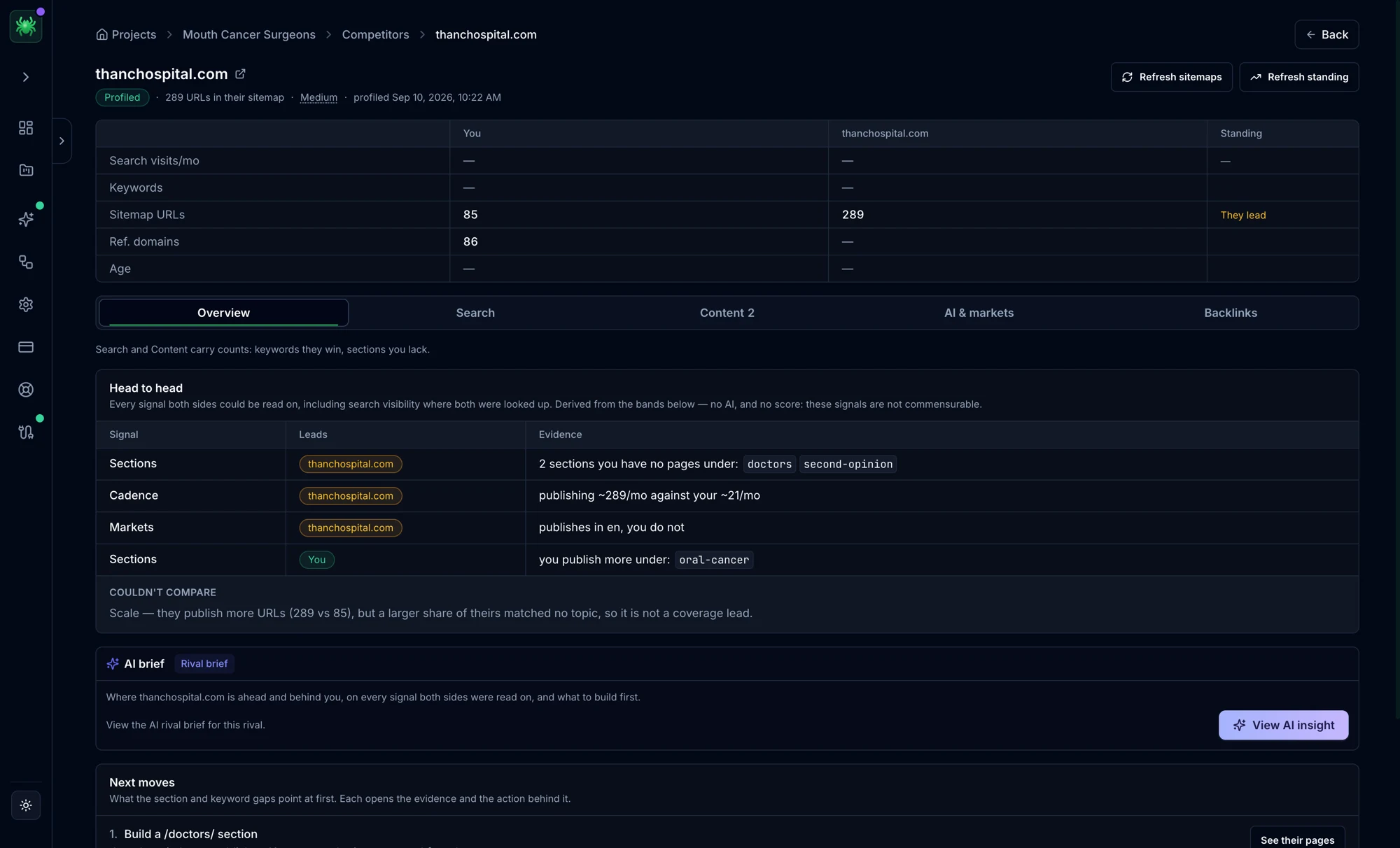Digispot Spider competitor detail overview showing a head-to-head signal table with leads and evidence