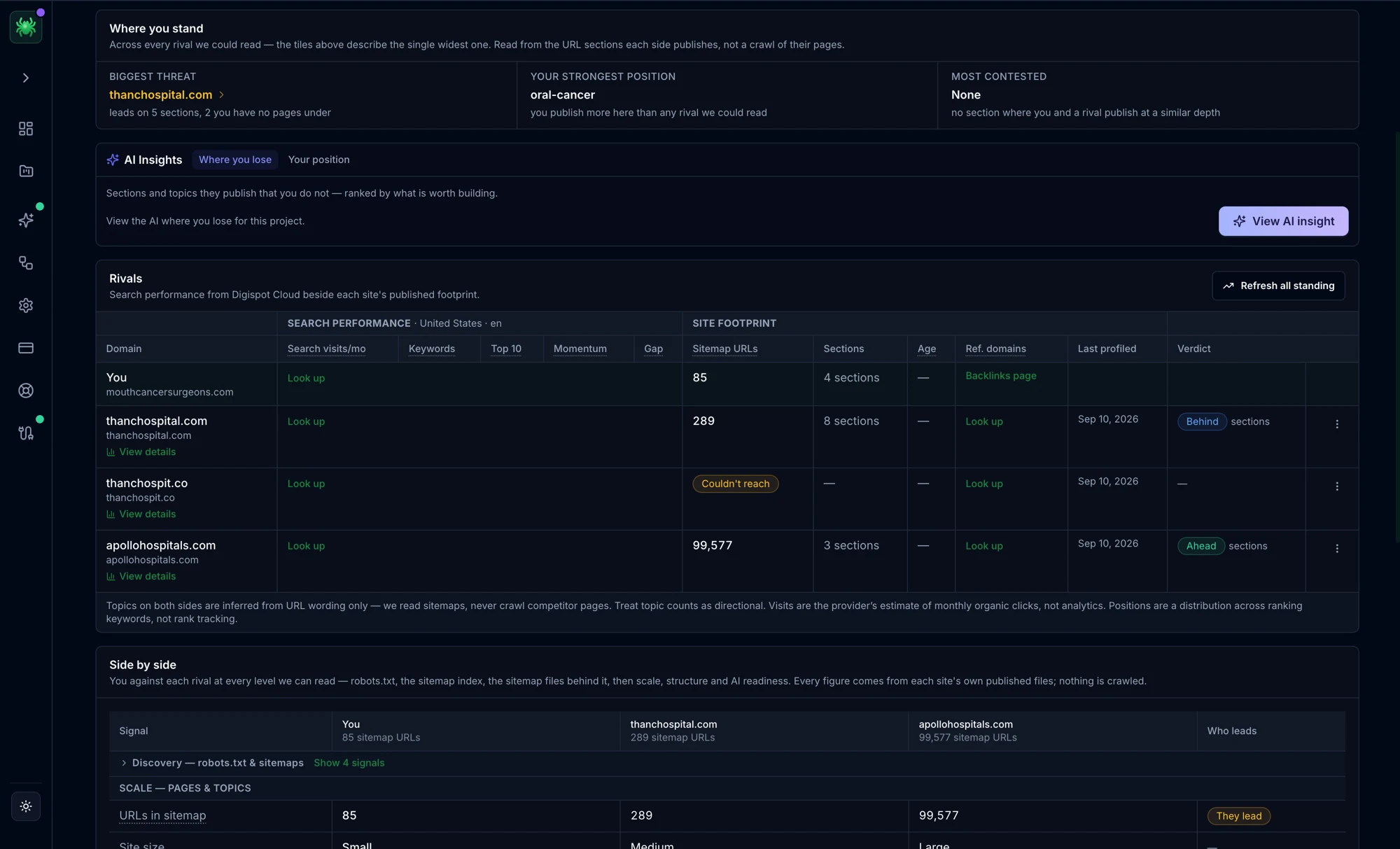 Digispot Spider competitors overview with where-you-stand tiles and a rivals table of search performance and site footprint