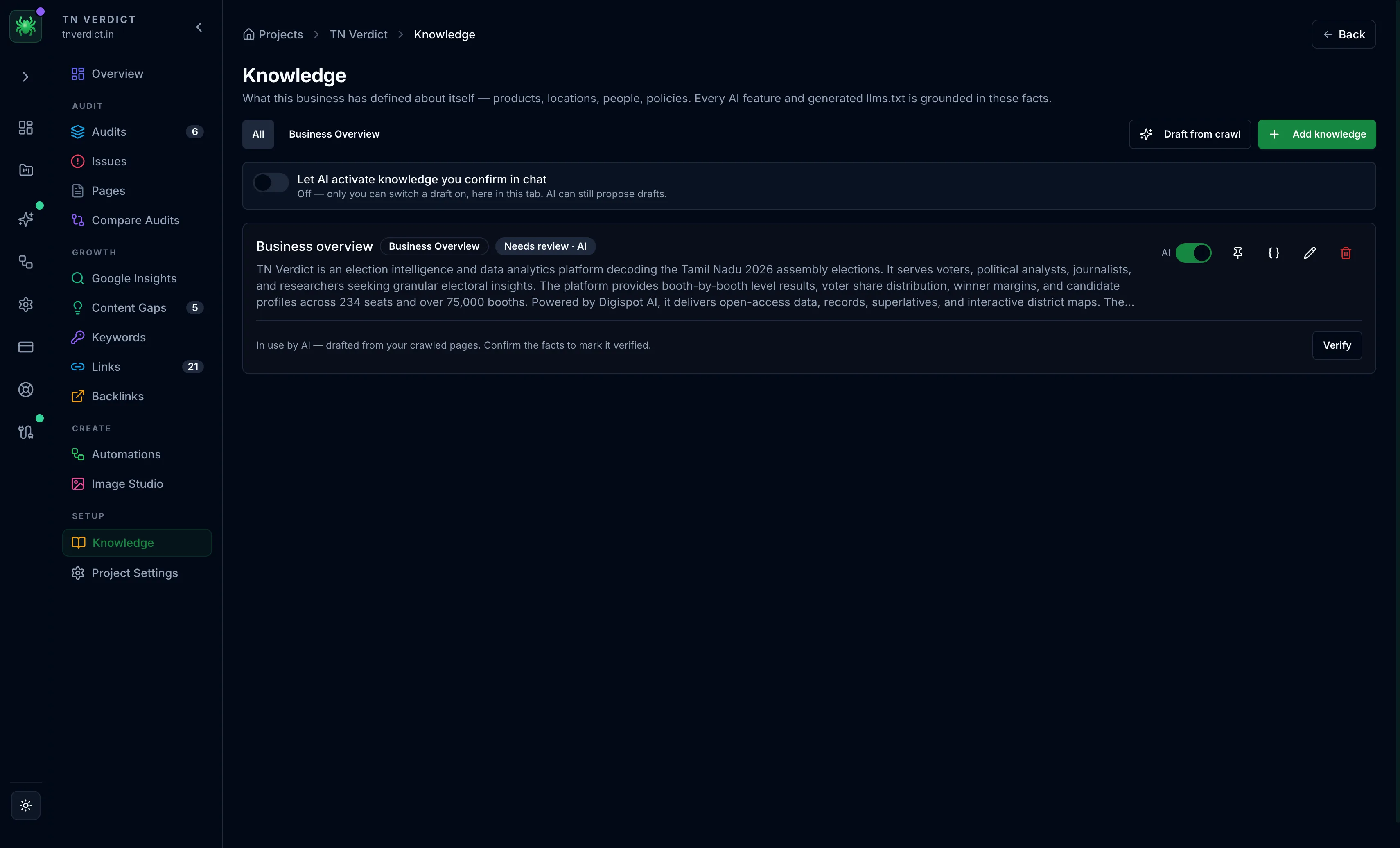 Spider Knowledge store of business facts grouped by category