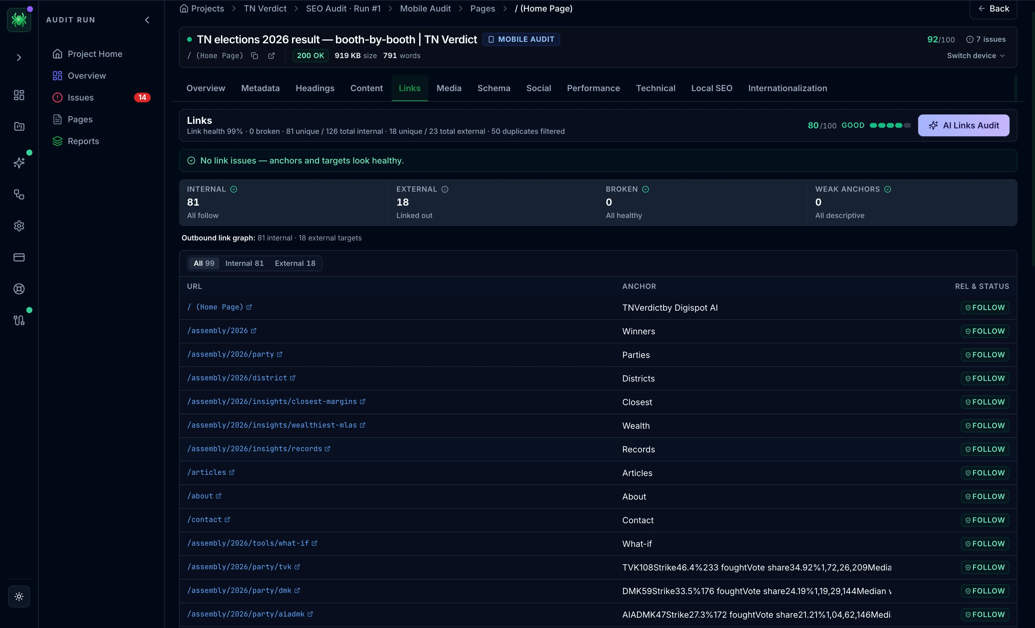 Spider Links tab with link-health metrics and a filterable link table