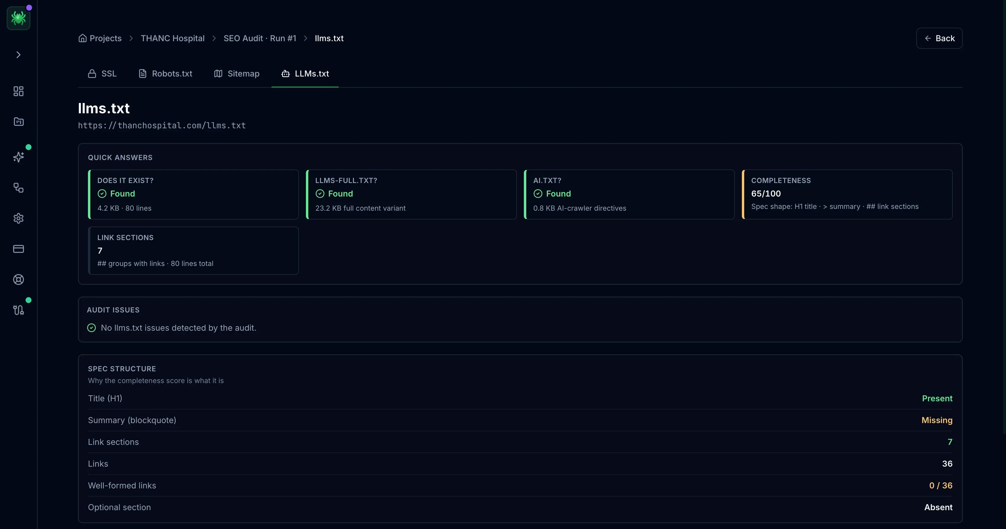 The Site health LLMs.txt tab with quick-answer cards for llms.txt, llms-full.txt, and ai.txt presence and a completeness score, above a spec-structure panel checking the title, summary, link sections, and well-formed links
